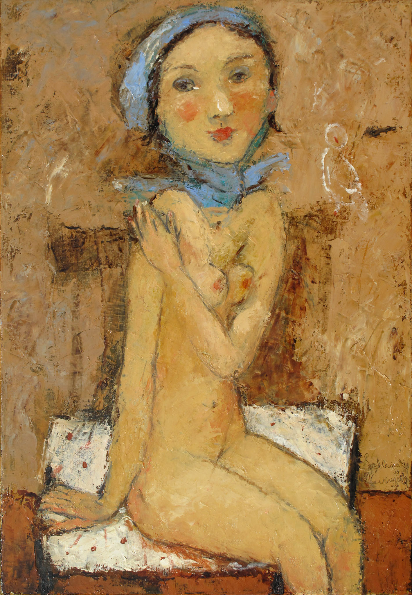 GIRL IN A BLUE SCARF, oil on canvas, 65x45cm.