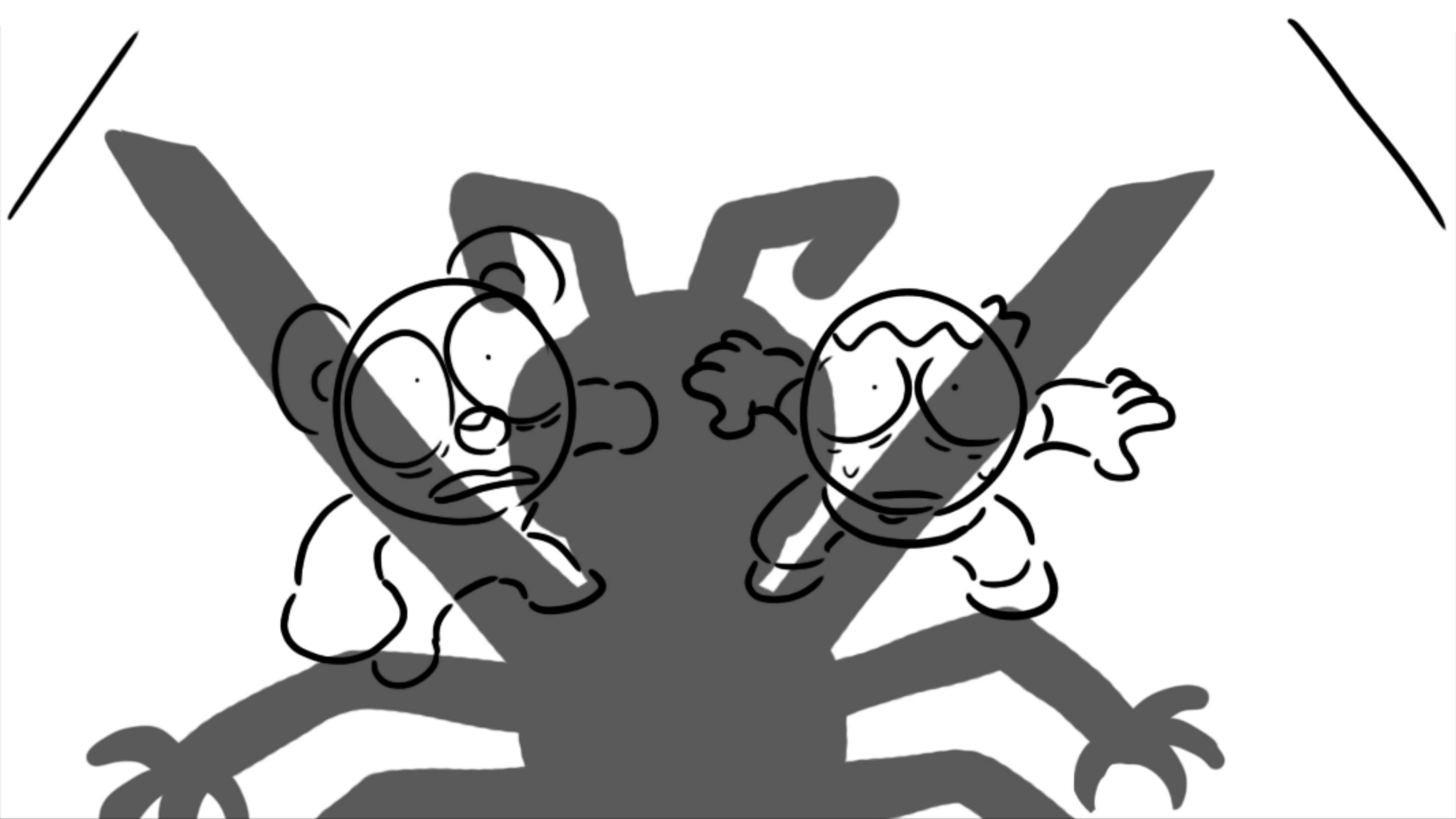 The wasp's shadow rises over the two.