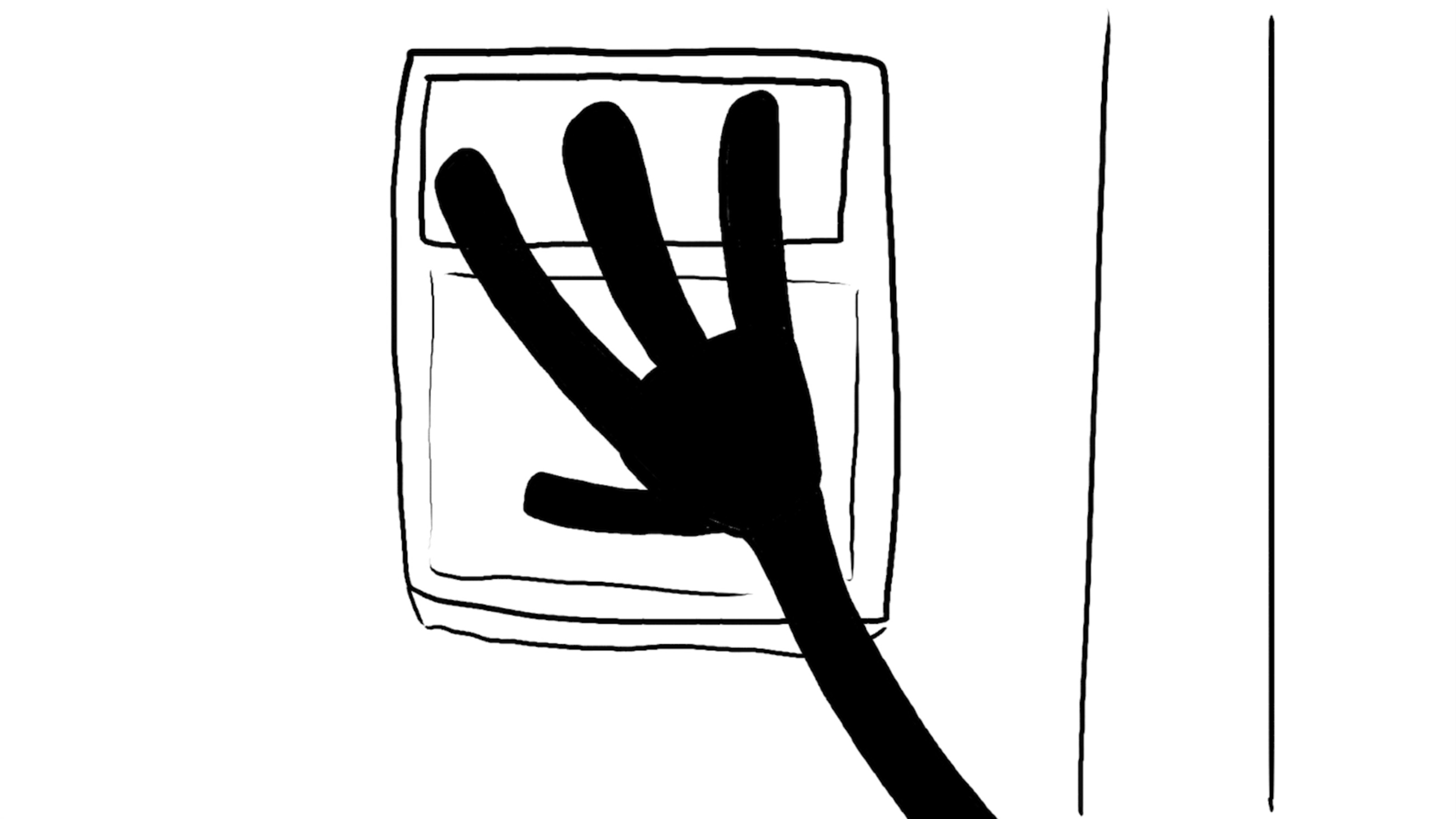 A hand rests on the garage door opener.