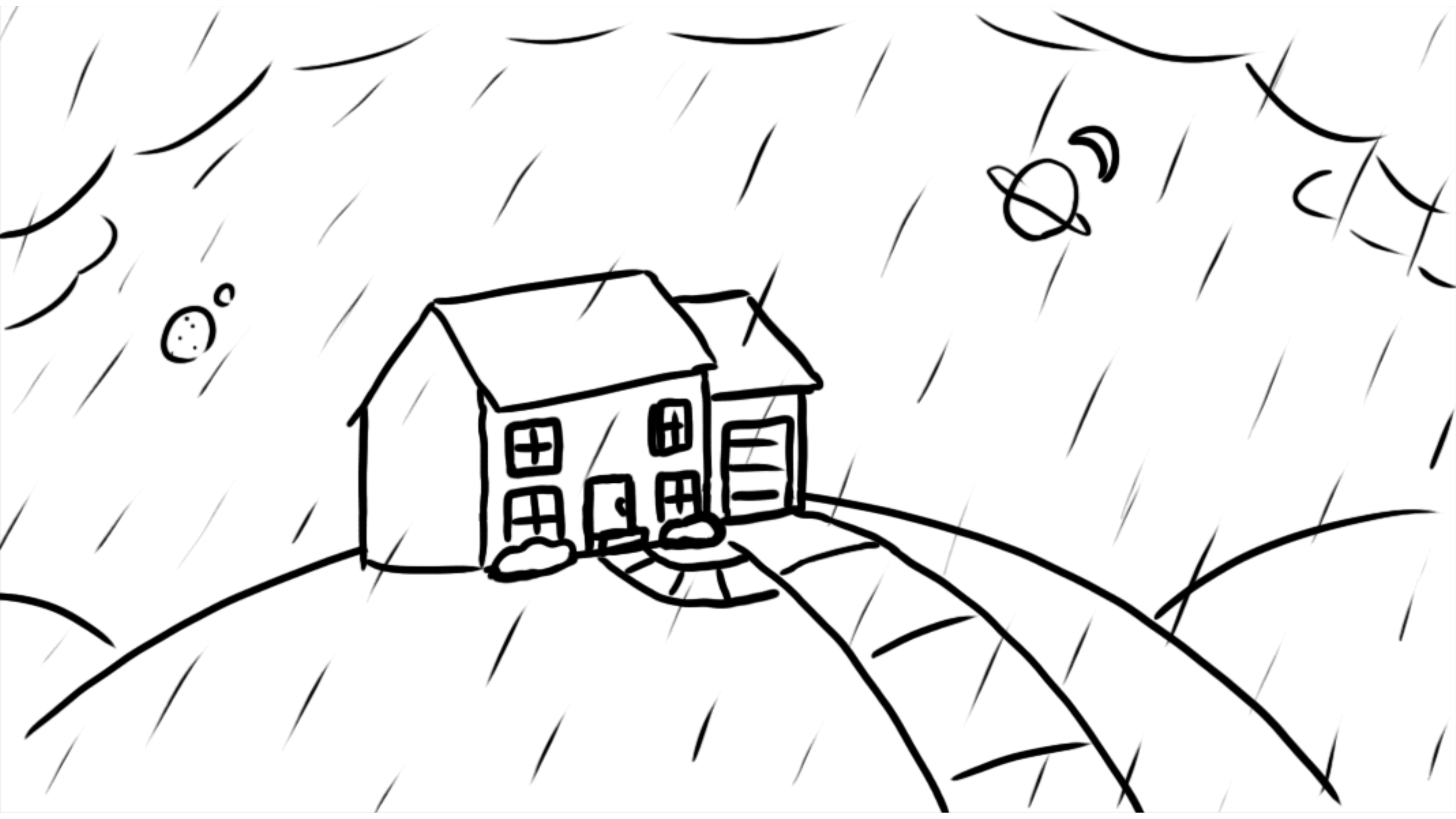 Pan down to the house as the storm continues.