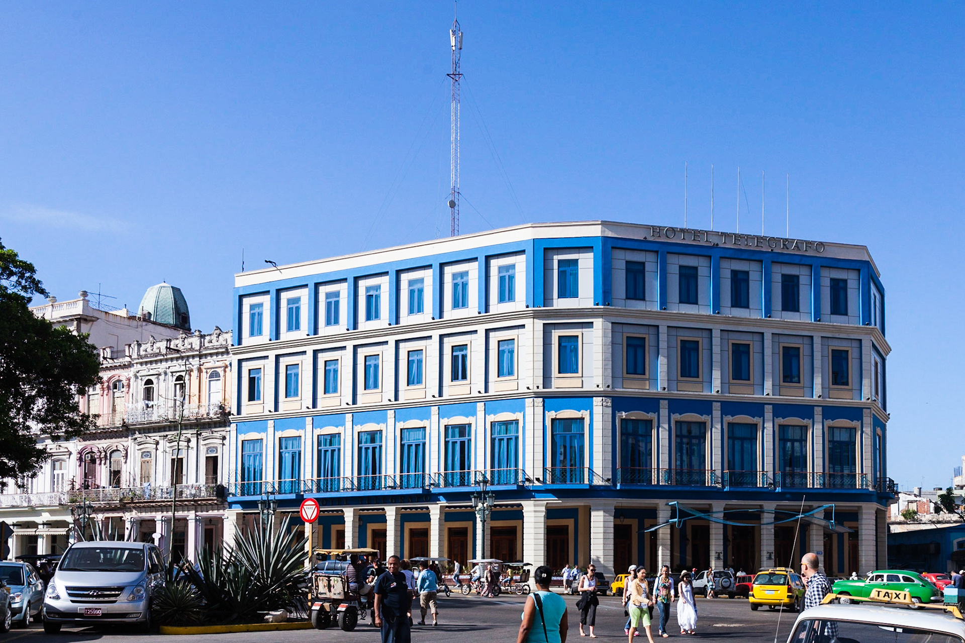 The royal blue Hotel Telegrafo, located next to the Hotel NH Parque Central in Havana Centro, was opened in 1888 and has been renovated, featuring bold and contemporary architecture and interior design.