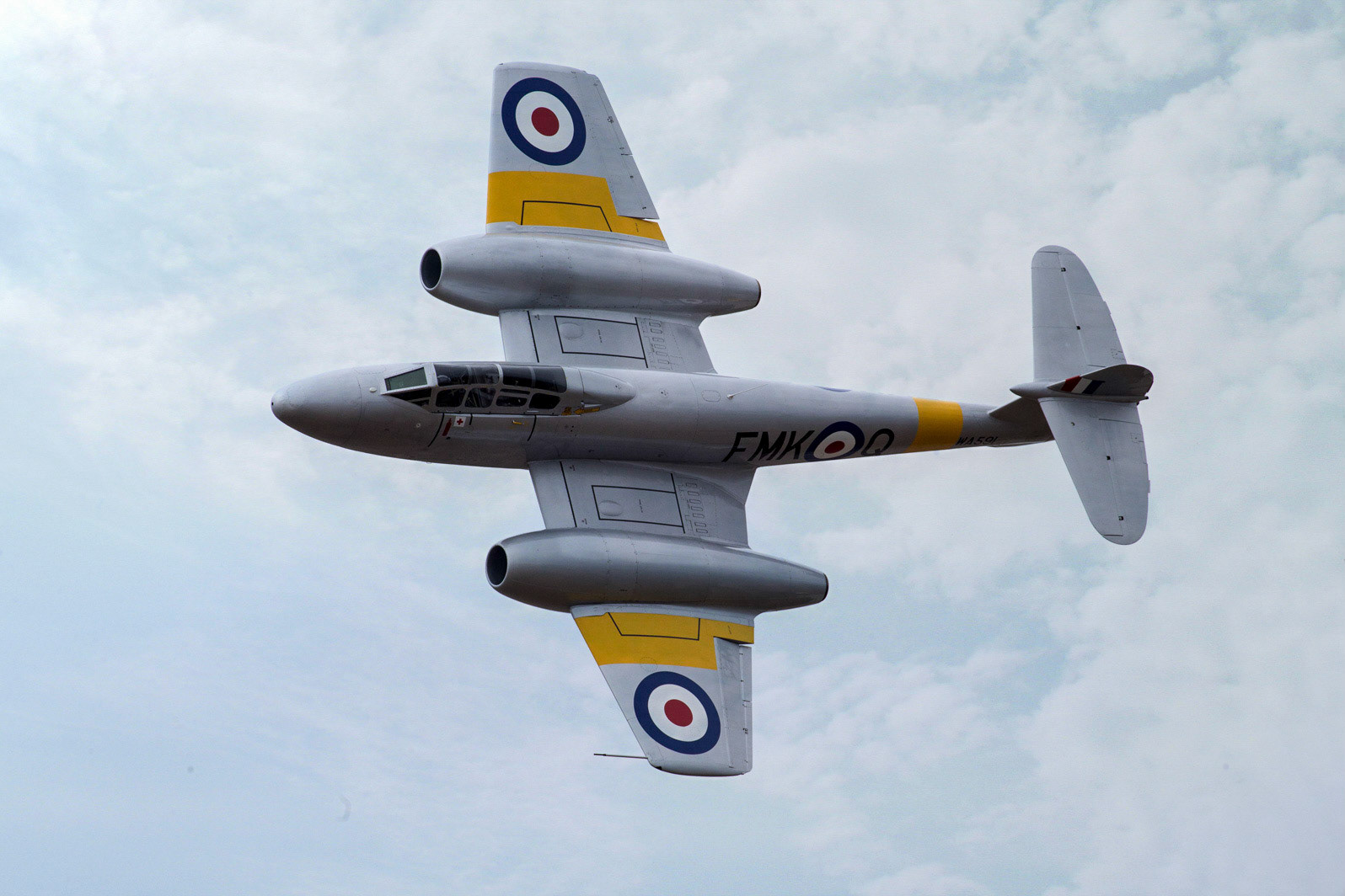 The Gloster Meteor was the first British jet fighter and the Allies' only operational jet aircraft during the Second World War. The Meteor's development was heavily reliant on its ground-breaking turbojet engines, pioneered by Sir Frank Whittle and his company, Power Jets Ltd. Development of the aircraft itself began in 1940, although work on the engines had been under way since 1936. The Meteor first flew in 1943 and commenced operations on 27 July 1944 with No. 616 Squadron RAF. Nicknamed the "Meatbox", the Meteor was not a sophisticated aircraft in its aerodynamics, but proved to be a successful combat fighter.