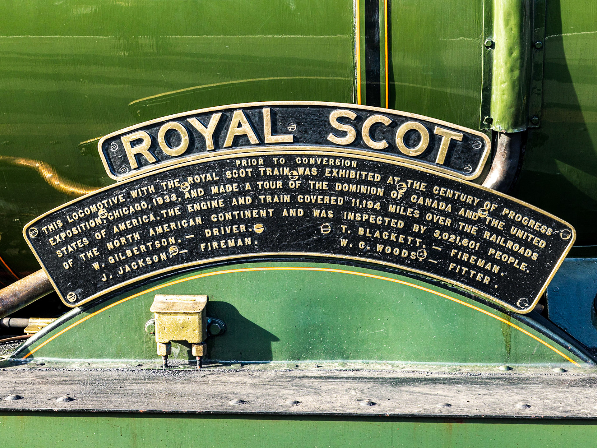 In 1933 the LMS was invited to send a locomotive and train to the Century of Progress International Exposition in Chicago, USA.It was decided to send an engine of the Royal Scot class, and one was selected that was due for general overhaul. The identity of this locomotive was 6152 The Kings Dragoon Guardsman. The coupled axleboxes were replaced with larger ones, based on a GWR design, and the bogie replaced by a De Glehn type, also derived from GWR practice. Springs and spring rigging were also updated, and the boiler replaced. The rebuilt locomotive assumed the identity of 6100 The Royal Scot with (on its return from the USA) an enlarged nameplate with details of its appearance at the exhibition. It retained this identity after its return from the USA. Whilst in America the engine went on an 11,194 mile tour of North America including crossing the Rockies.