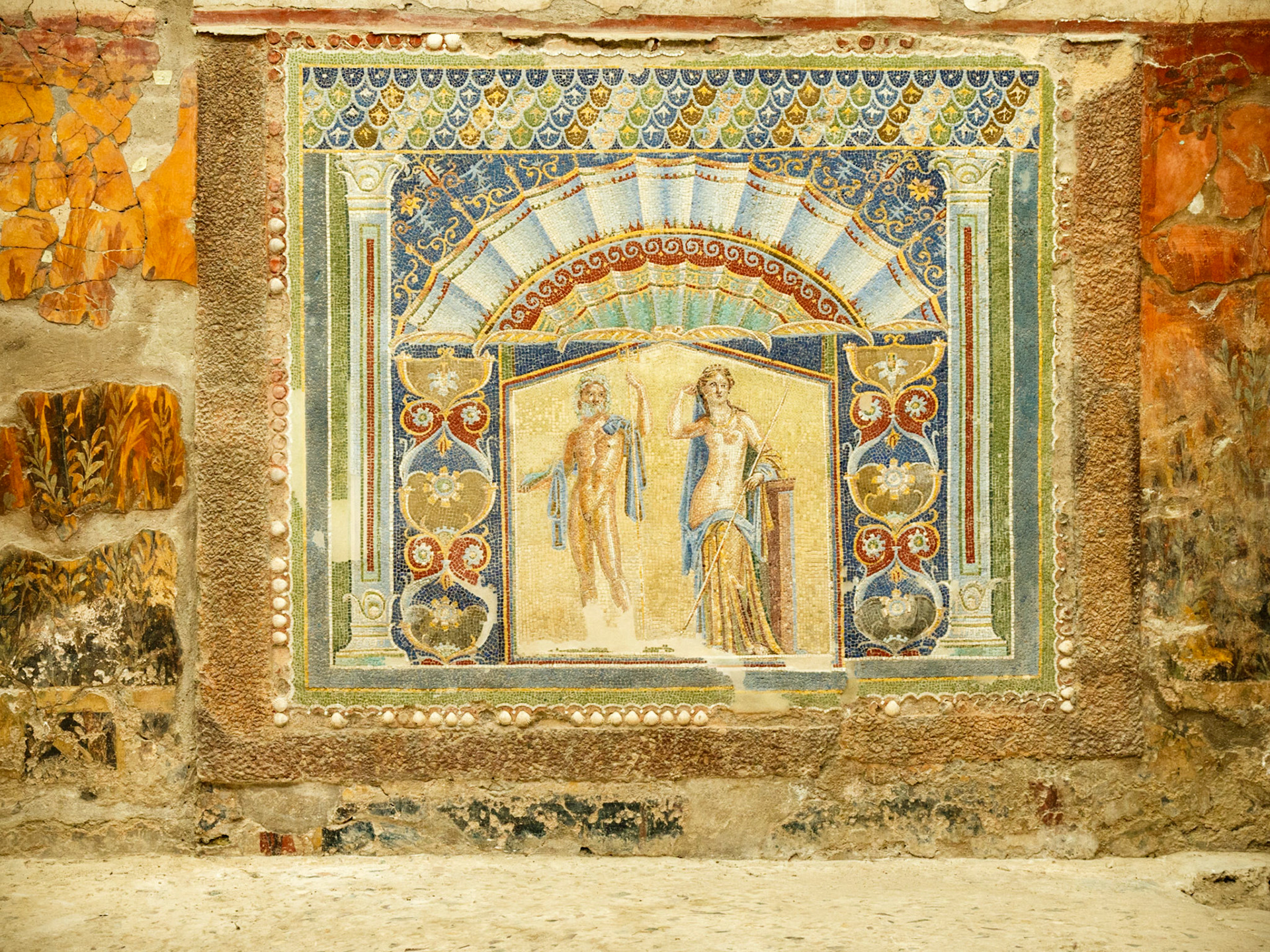Neptune and Amphitrite.  Among the many houses in Herculaneum is a relatively small, but richly decorated town house, called the House of the Neptune Mosaic, which must have belonged to a wealthy family.