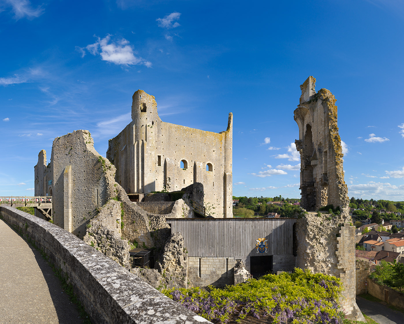 Les ruines du château baronnial (XIIe siècle), ancien château des Évêques de Poitiers, vue depuis la rue.
