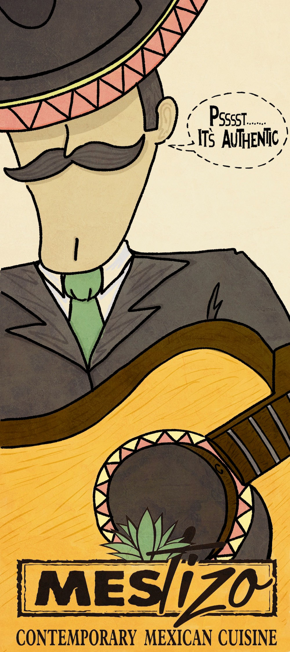 front menu illustration featuring mariachi with guitar
