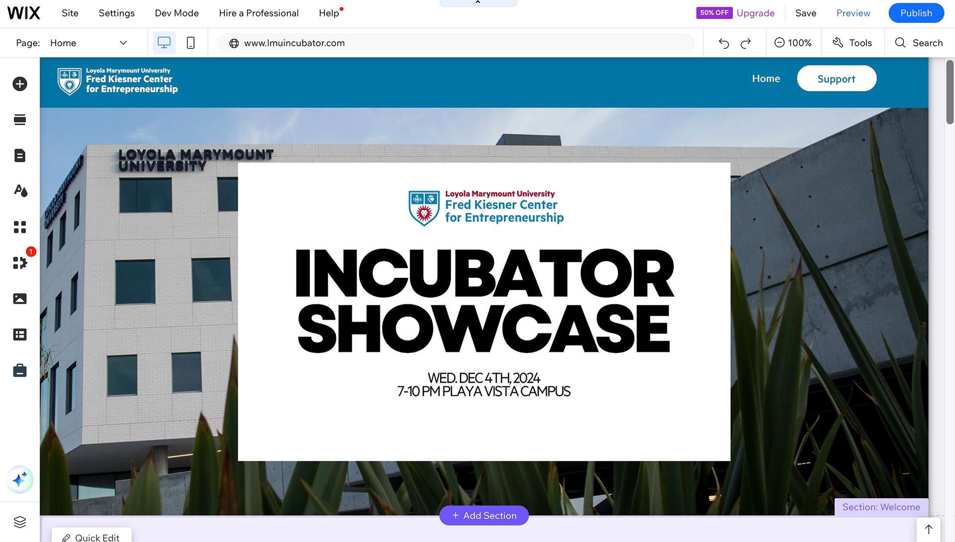 One of the many events we organize at the Entrepreneruship Center is the Incubator Showcase, an event where Entrepreneurship Students share their starups. Using Wix I have create websites for these events to share detailed information with the atendees.