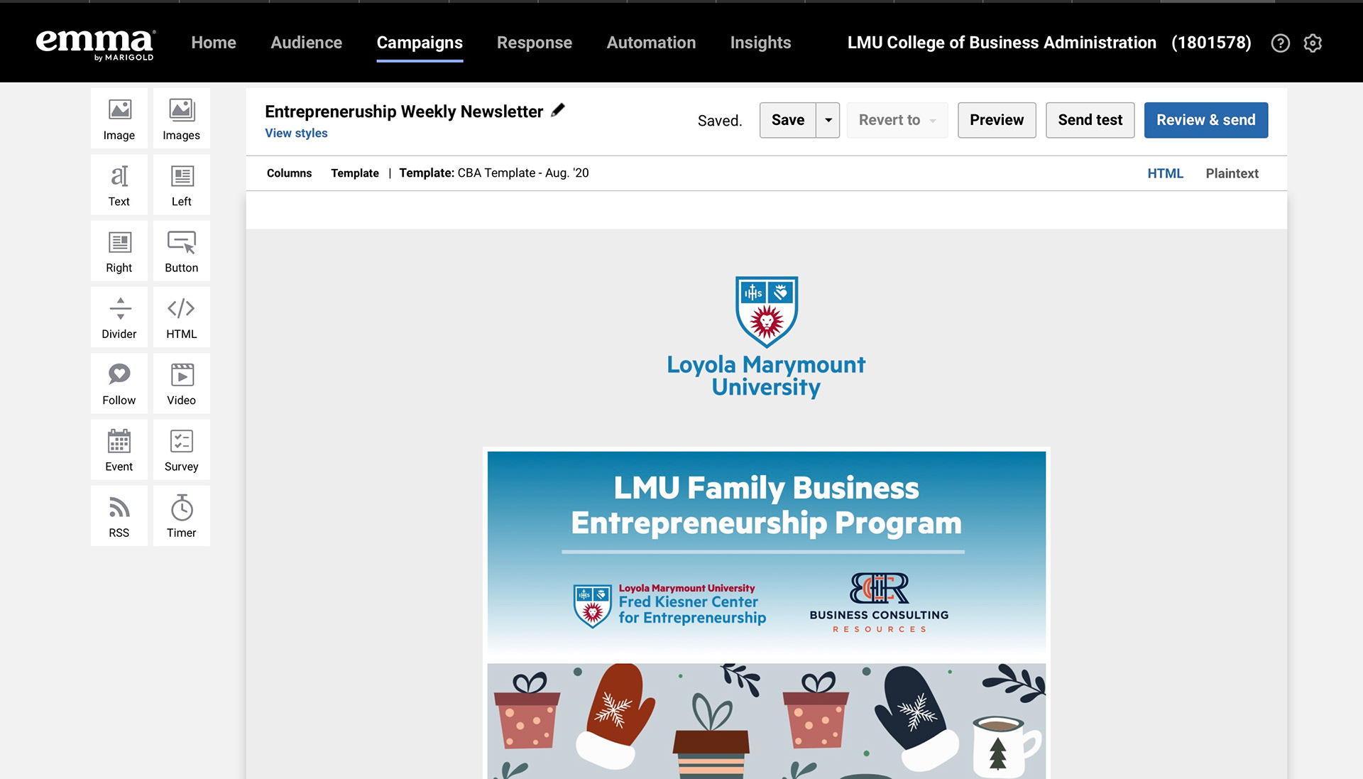 Using Emma, a multichannel marketing platform, I create weekly Entrepreneruship newsletters with updates and events which then get sent to the entirety of students and faculty subscribed to the Entrepreneruship Newsletter.