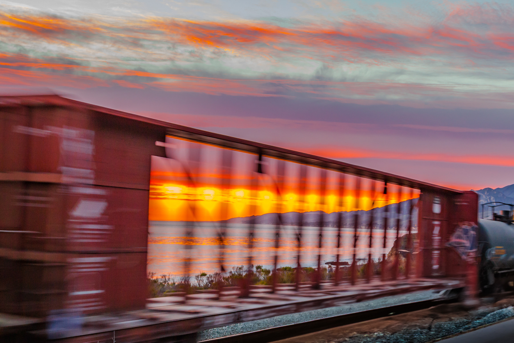 Sunset through a Moving Train 9584 - Goleta