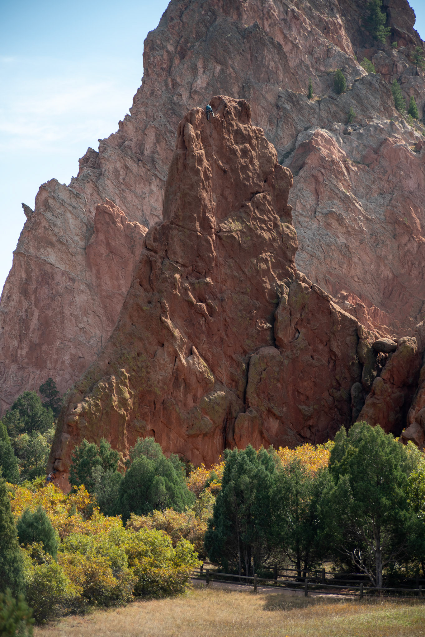 A rock climber ascends a towering red rock formation surrounded by lush greenery under a clear sky, showcasing the thrill of outdoor adventure.