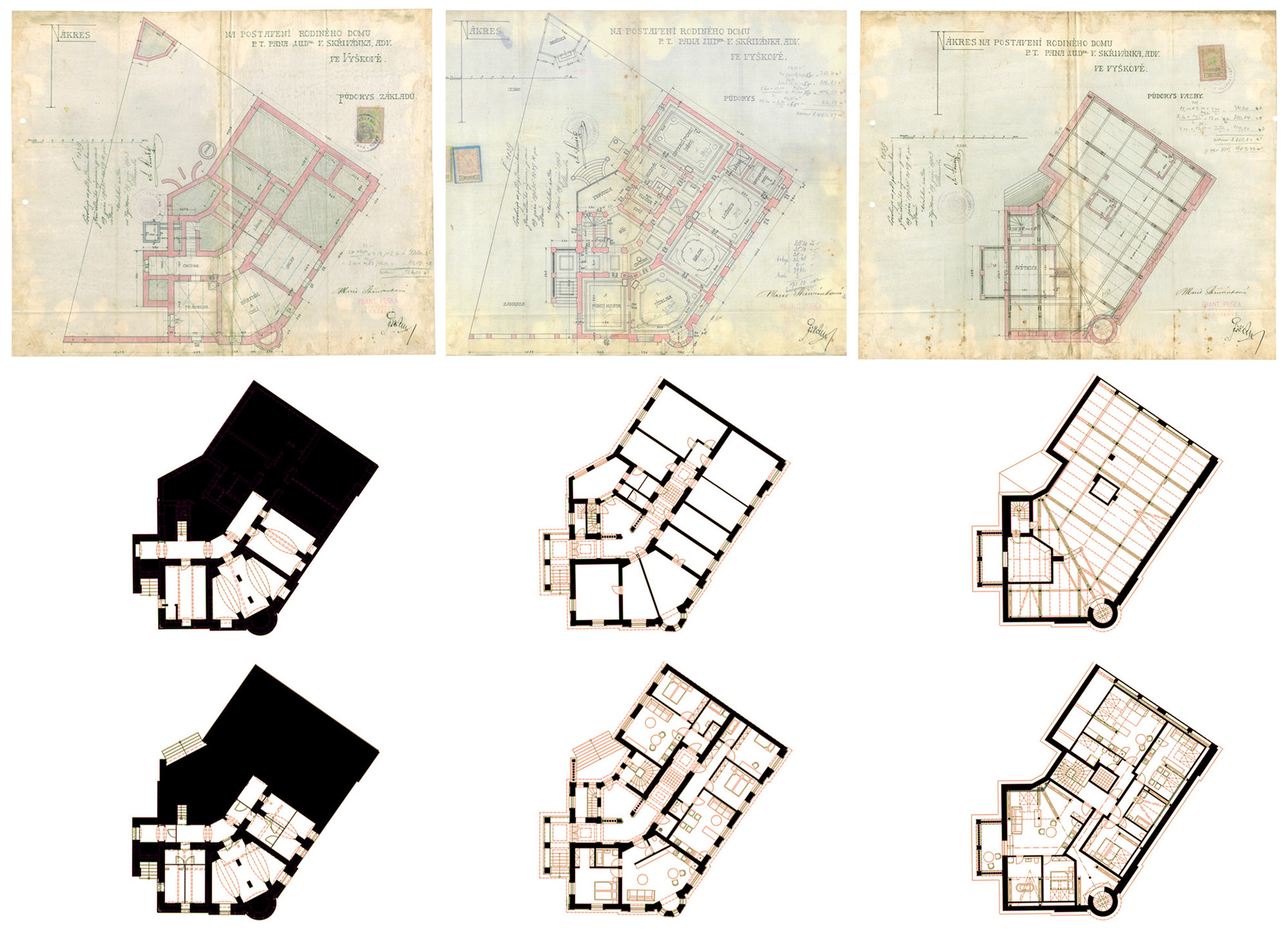 Architektonická studie - Původní plány a řešení nové dispozice. Vila ve Vyšvkově.