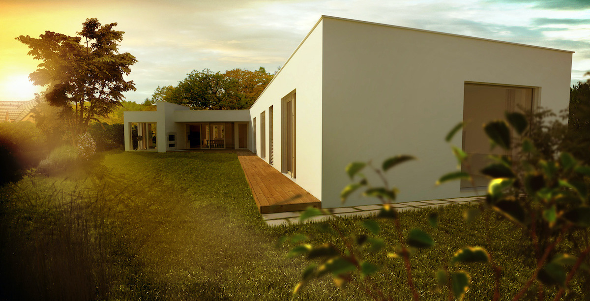 Zahradní fasáda s dřevěnou terasou. Západ slunce. Architektonická studie domu, Račice - Pístovice