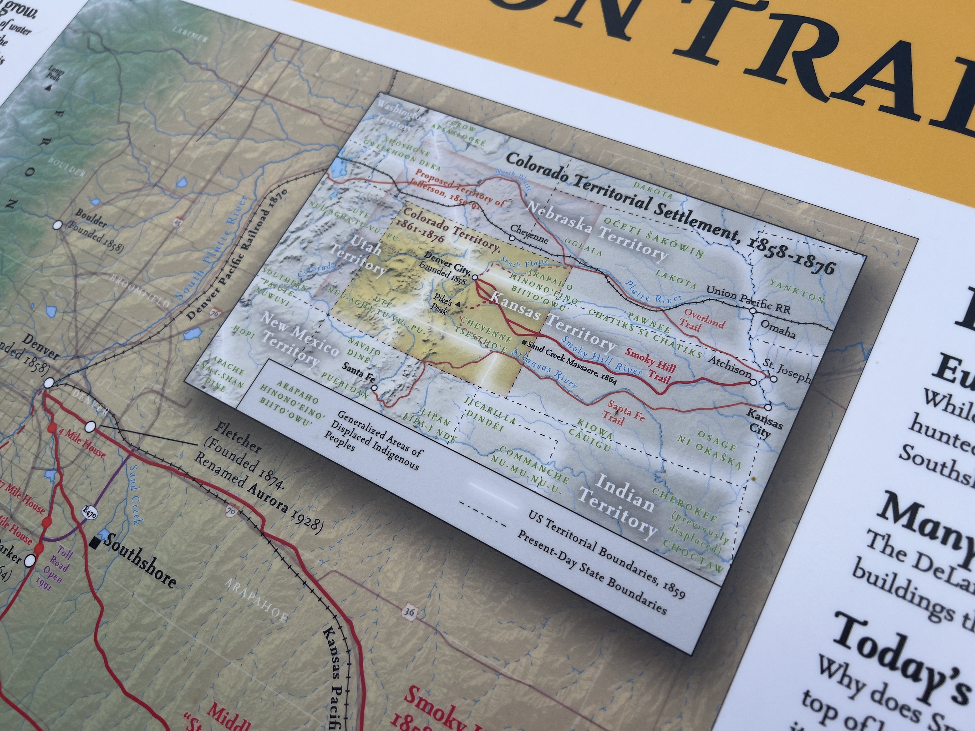 A close-up of the map on the post-contact history sign panel, titled "Colorado Territorial Settlement, 1858–1876"