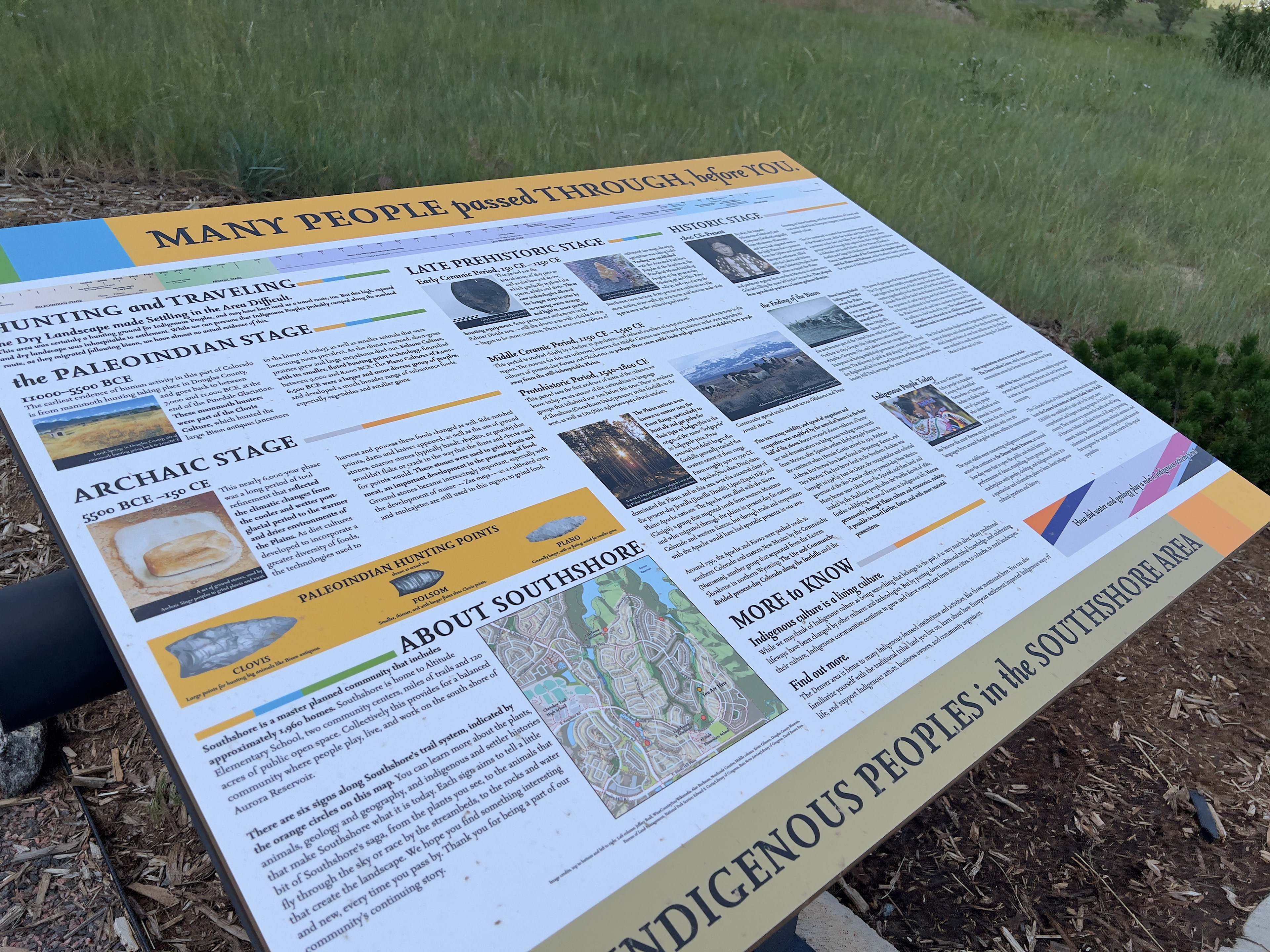An overview of a sign covering this part of Colorado's Indigenous History, titled "Many People Passed Through, Before You." there is a timeline of Indigenous occupation of the area, including notable cultural and technological details, and photographs and custom illustrations of Indigenous pre-contact artifacts.