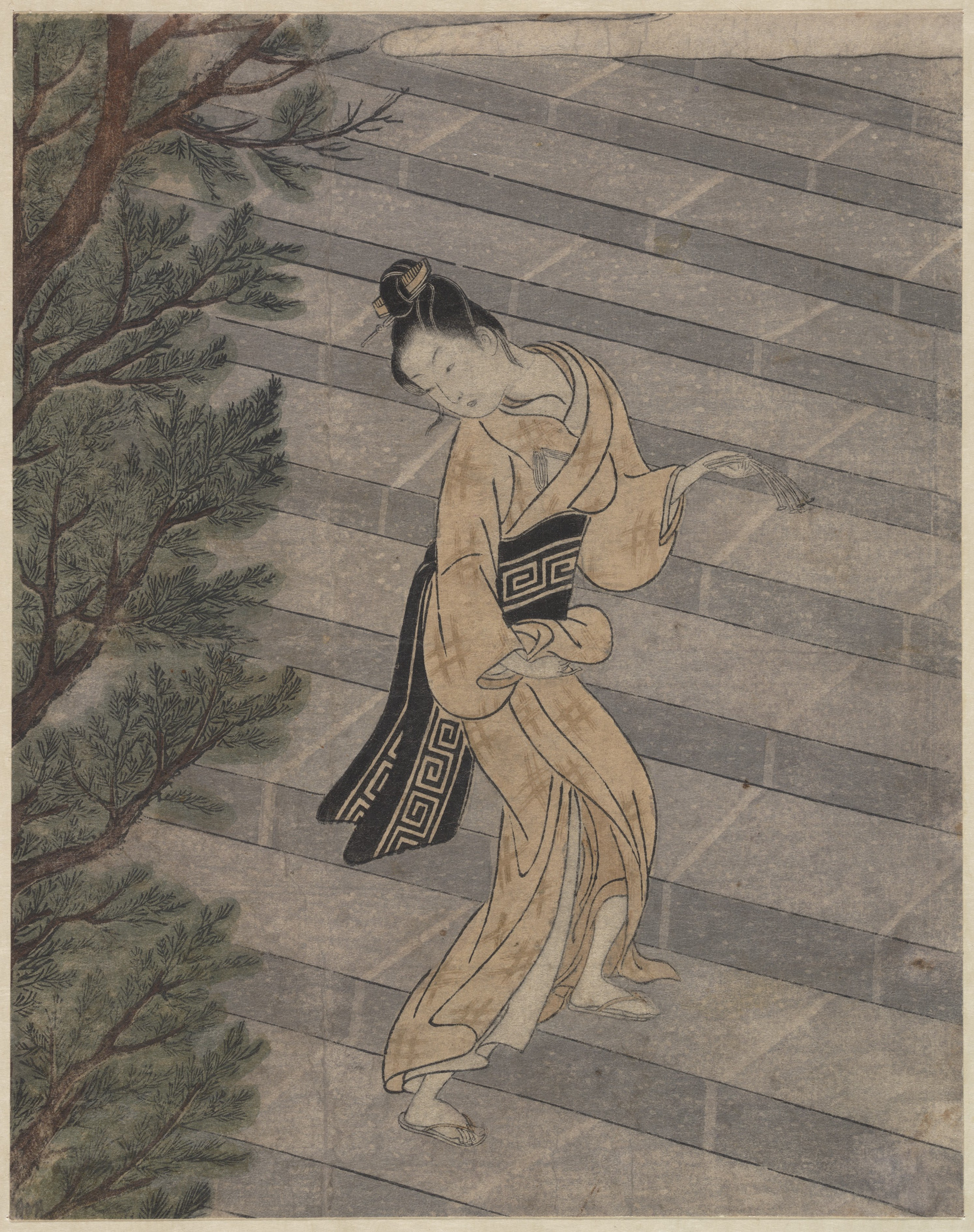 Suzuki Harunobu: Young Woman Climbing Stairs to a Shinto Shrine