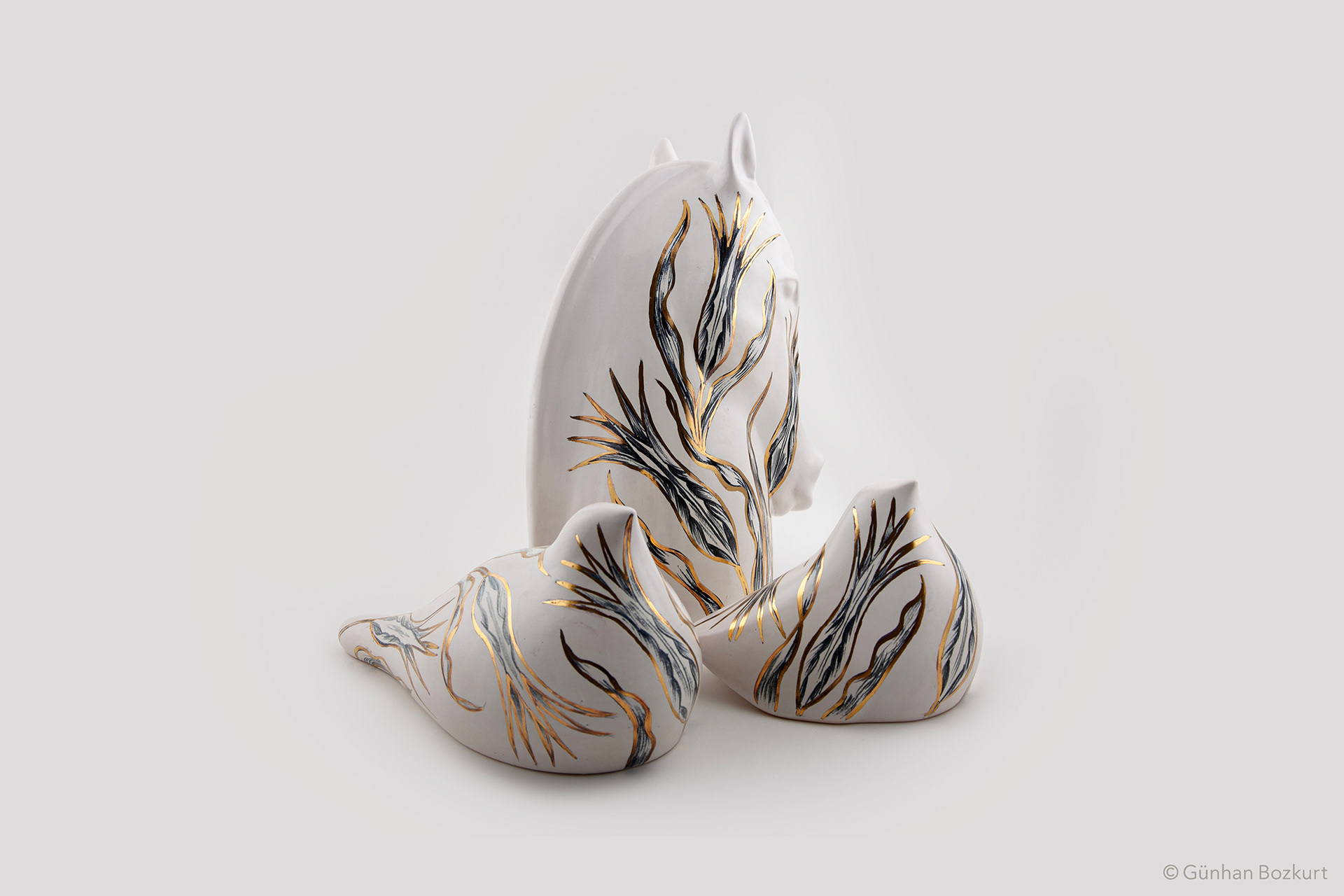Horse and Birds / ceramic sculptures / horse h. 31 cm, w. 16 cm / bird large h. 15 cm, w. 30 cm / bird small h. 13 cm, w. 17 cm