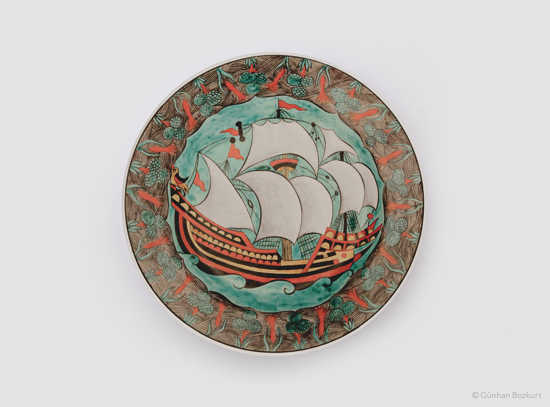 Galleon and Istanbul Tulips / ceramic plate, Ø 40 cm