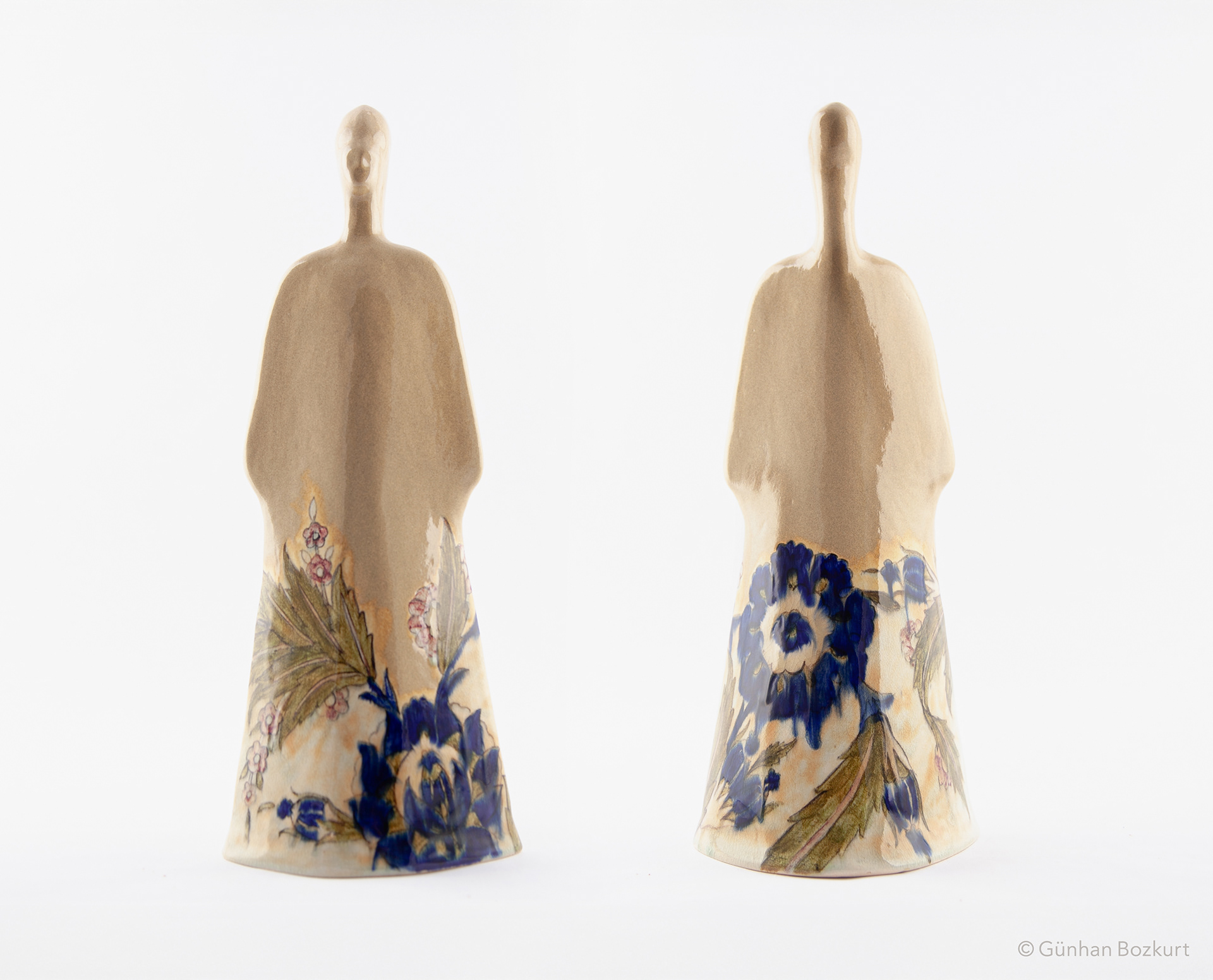 Woman Figure in Kaftan / ceramic sculpture, h. 38 cm, w. 13 cm — front & back views