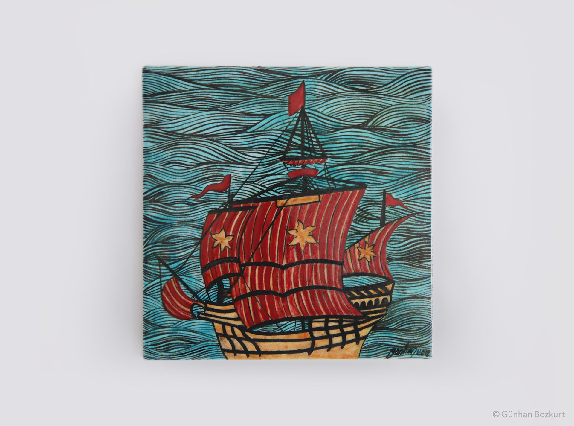 Red Galleon / ceramic tile, 20 × 20 cm