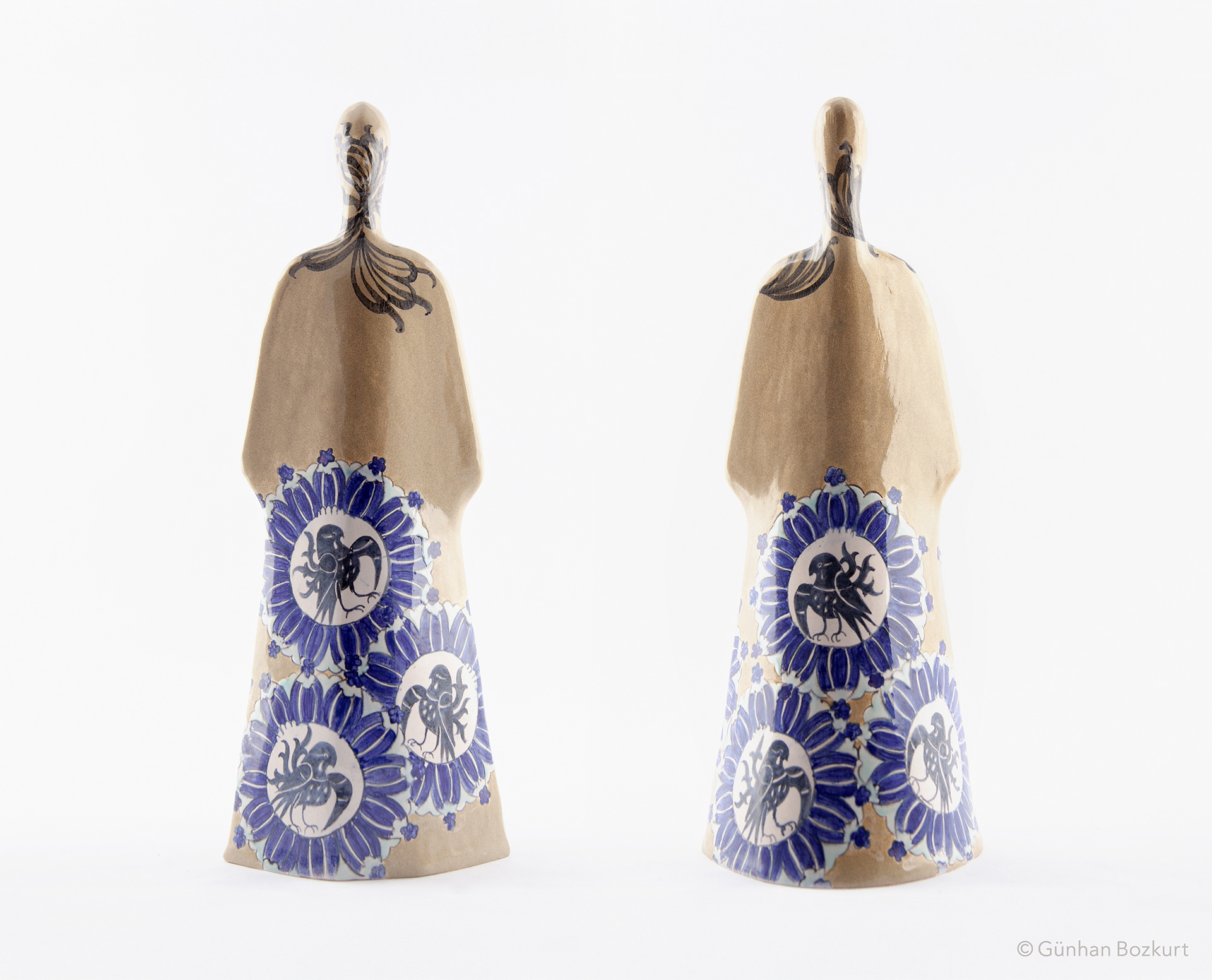 Woman Figure in Kaftan / ceramic sculpture, h. 38 cm, w. 13 cm — front & back views