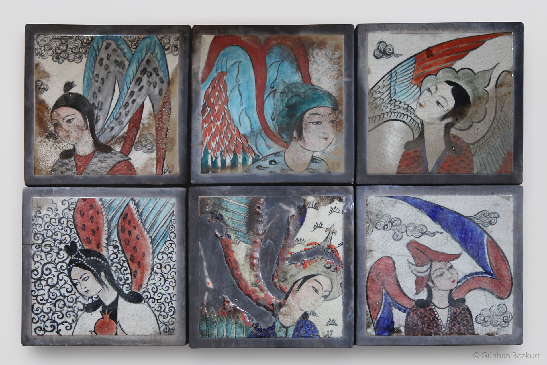 Angels / raku-fired ceramic tiles · each 25 x 25 cm