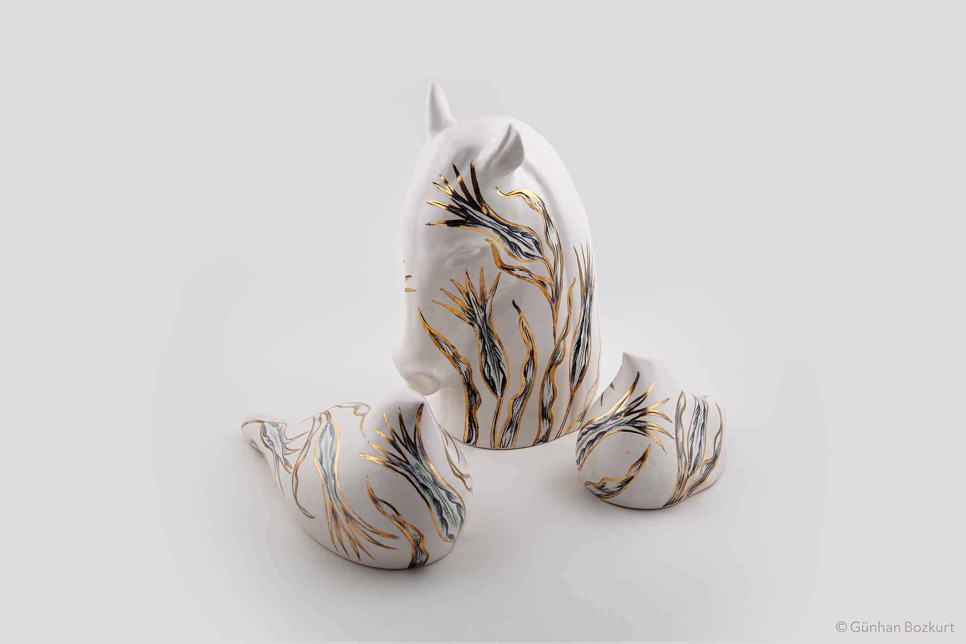 Horse and Birds / ceramic sculptures / horse h. 31 cm, w. 16 cm / bird large h. 15 cm, w. 30 cm / bird small h. 13 cm, w. 17 cm