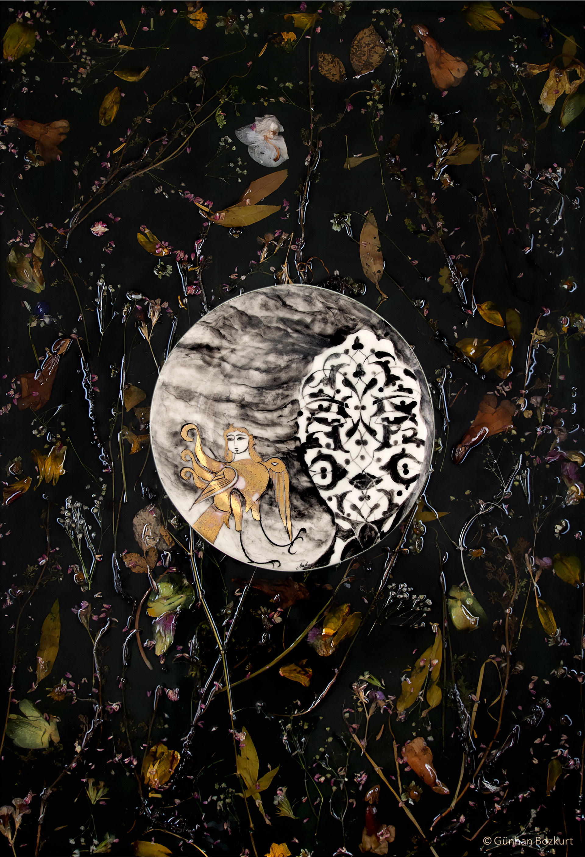 Spring / mixed-media wall panel (ceramic, resin, dried plants), h. 110 × w. 70 cm