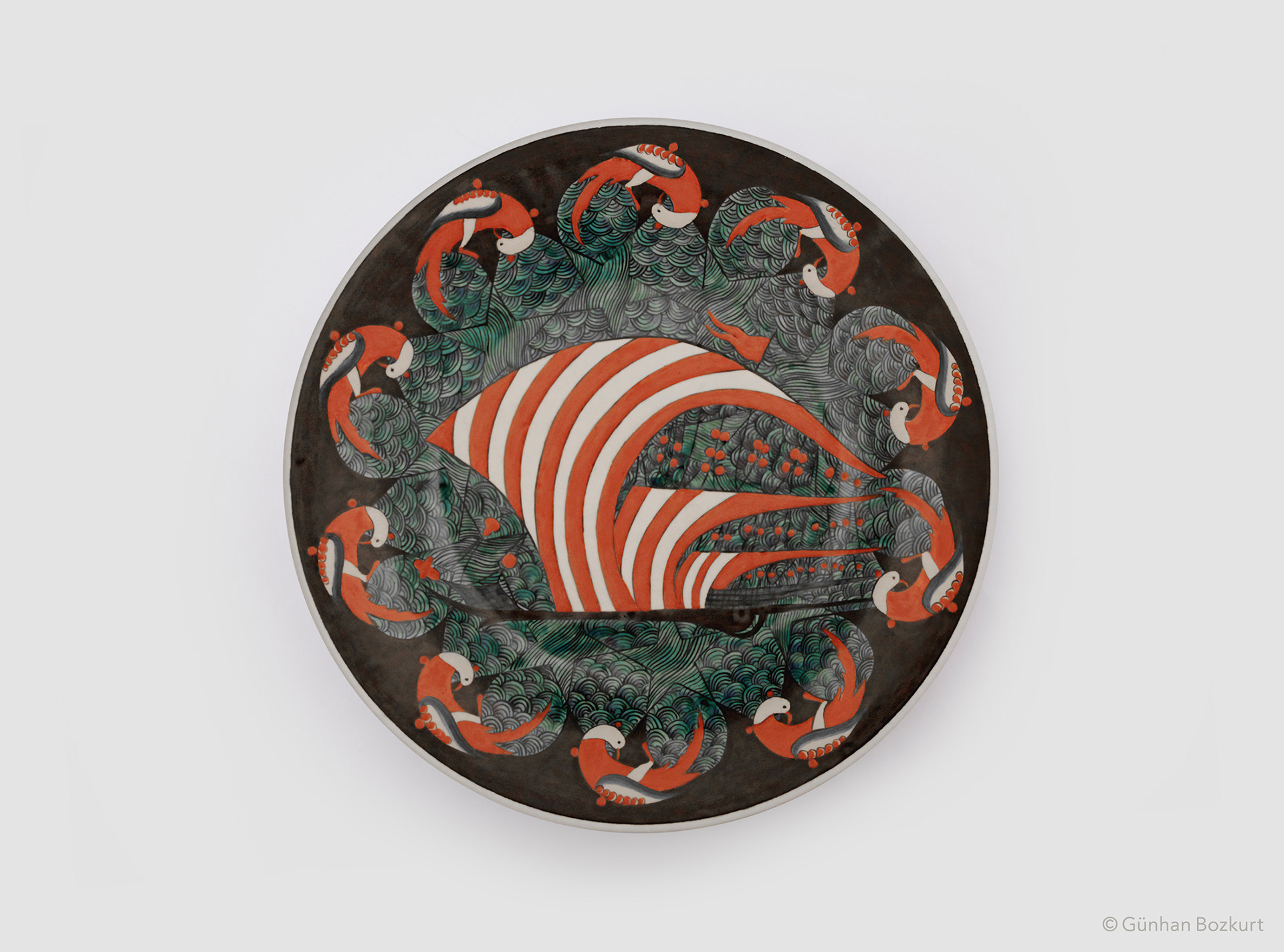 The Galleon and the Red Birds / ceramic plate, Ø 40 cm