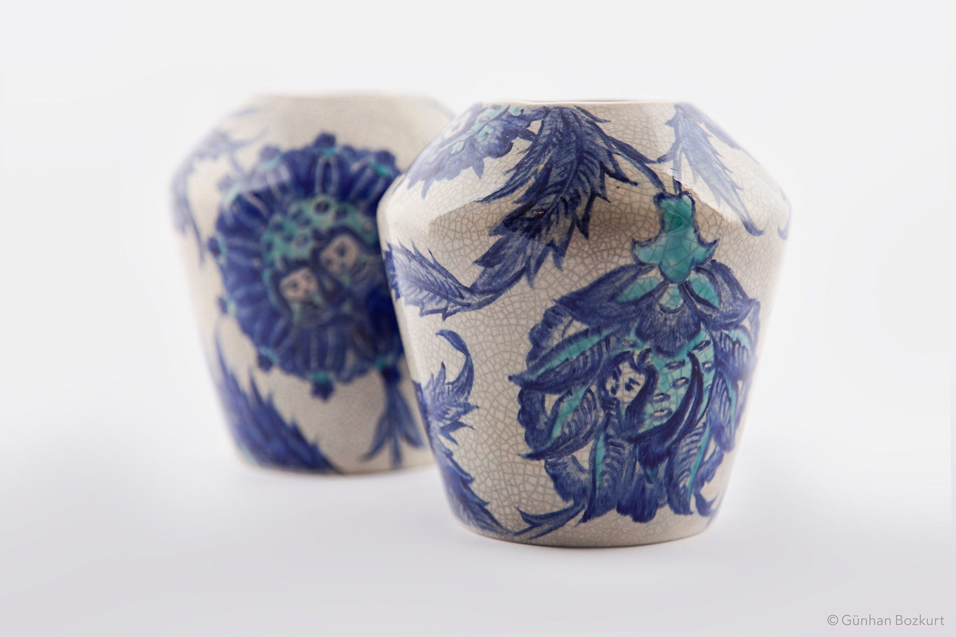 Blue-White Sirens / crackle-glazed ceramic vases, each max. Ø 16 cm, h. 14.5 cm