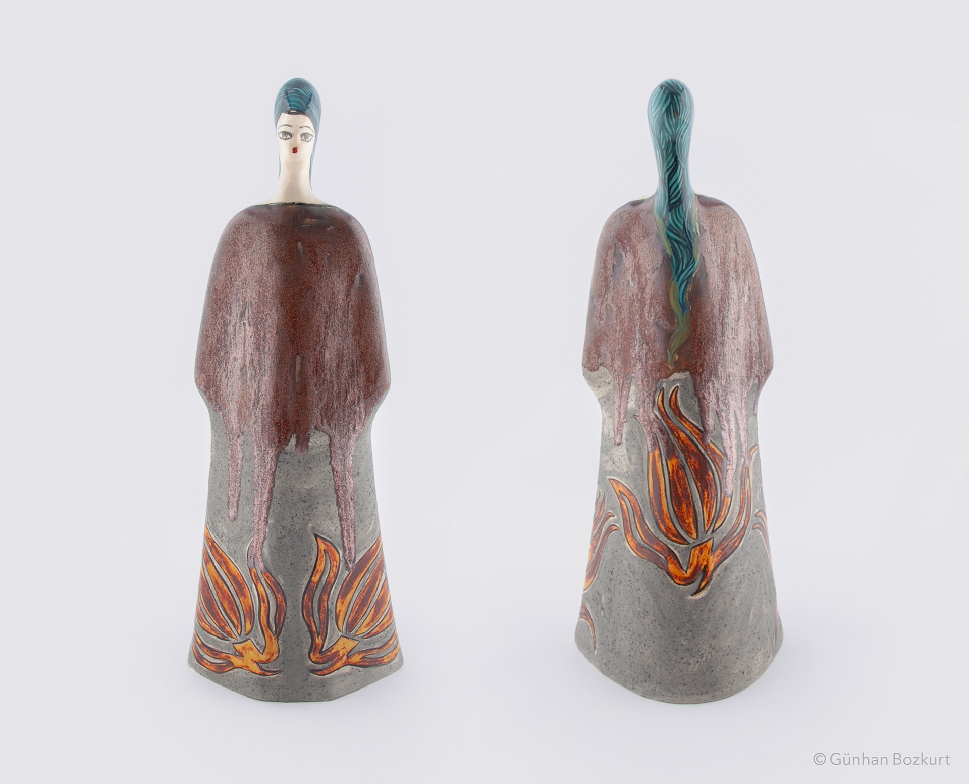 Woman Figure in Kaftan / ceramic sculpture, h. 38 cm, w. 13 cm — front & back views