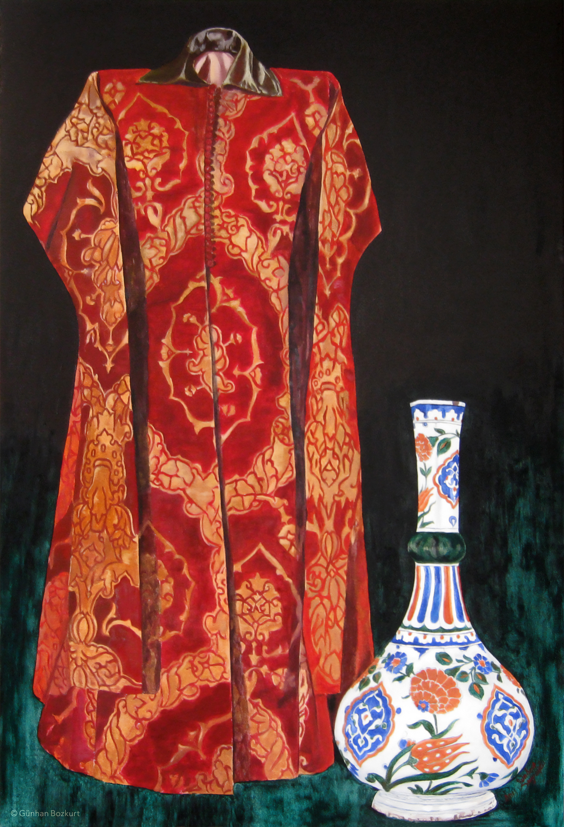 Sultan Ahmed I Ceremonial Kaftan with Iznik Vase / acrylic on canvas, 80 × 120 cm
