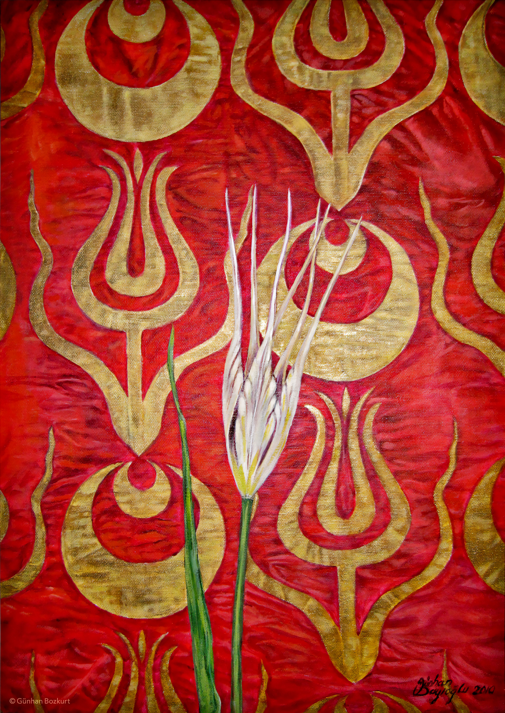 Kaftan & Tulip / acrylic and gold on canvas, 30 × 50 cm