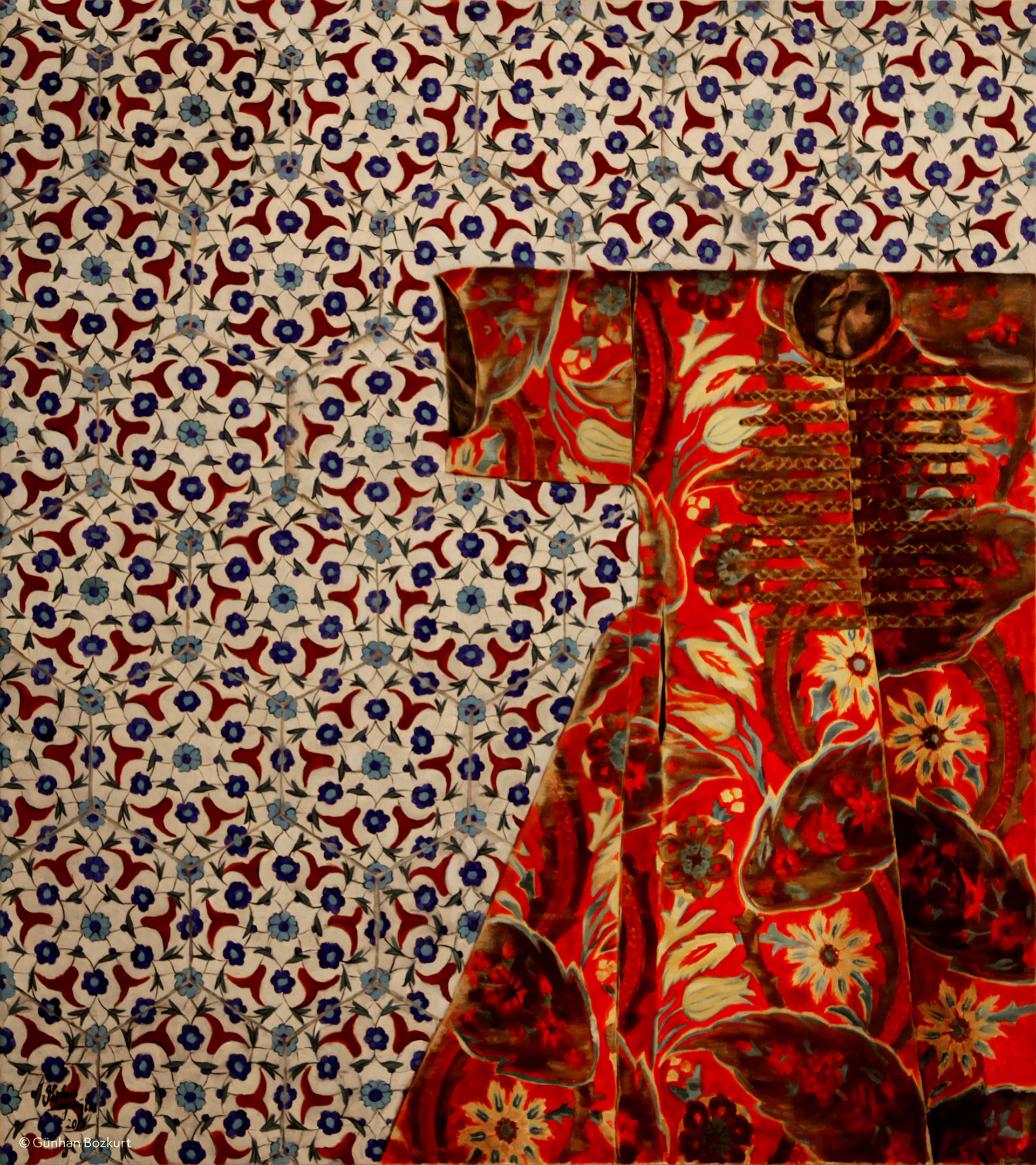 Sultan Ahmed I Kaftan with Iznik Tiles / pigment on canvas, 90 × 100 cm
