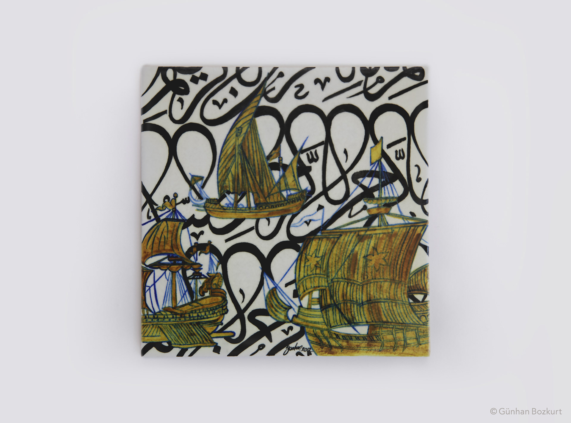 Galleons on Letters / ceramic tile, 20 × 20 cm