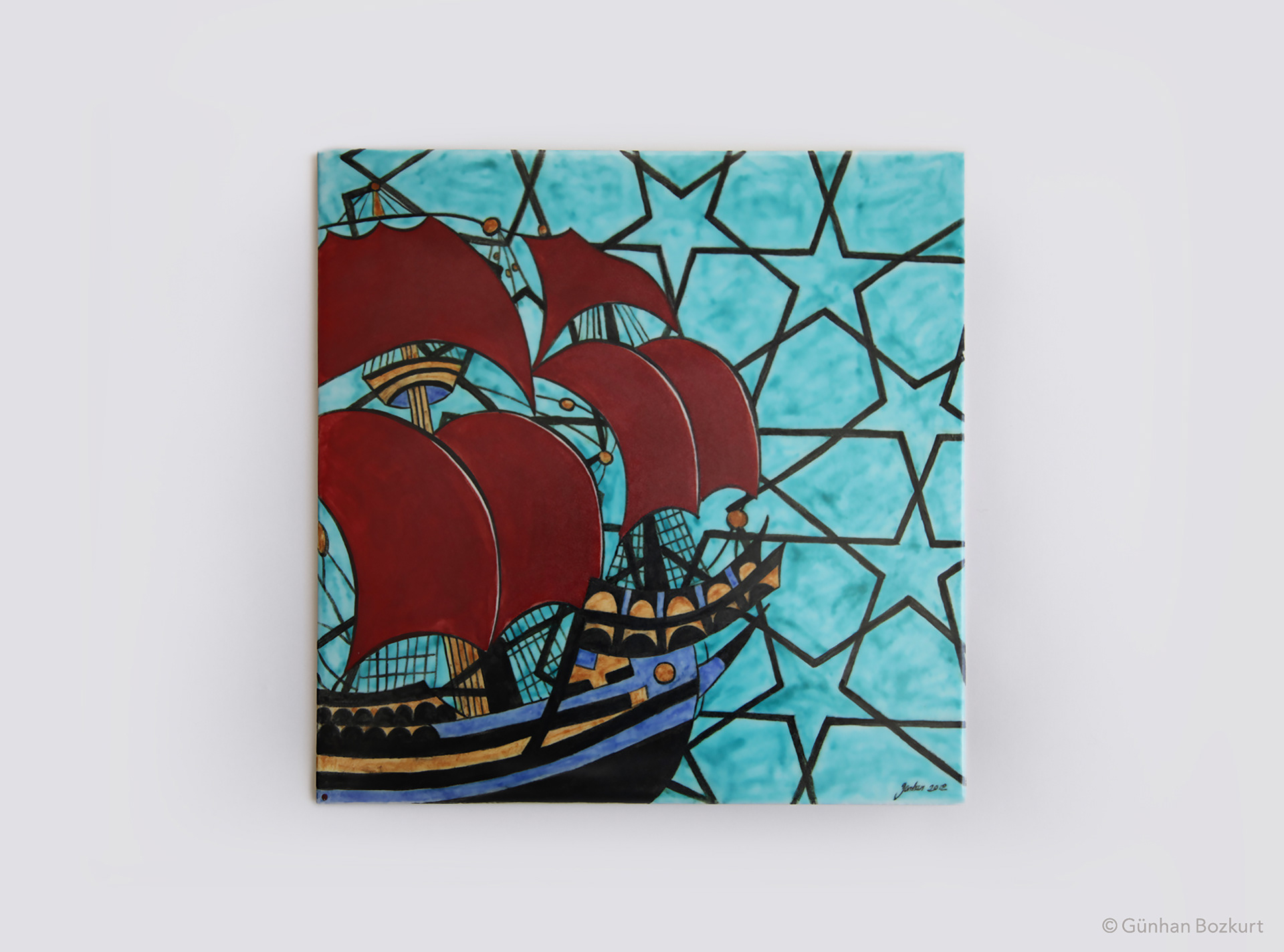 Red Galleon / ceramic tile, 20 × 20 cm