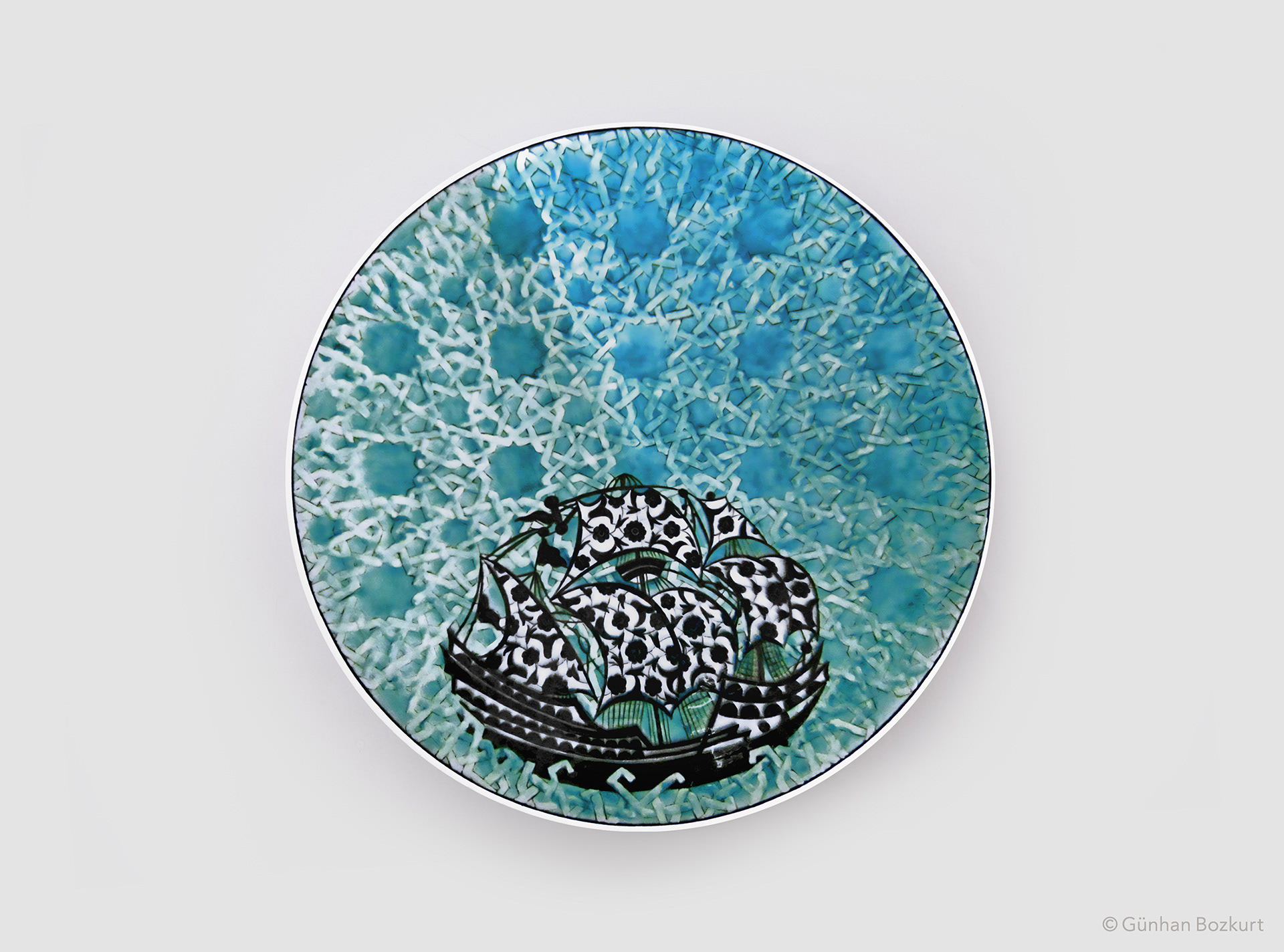 A Galleon in Turquoise Waters / ceramic plate, Ø 60 cm
