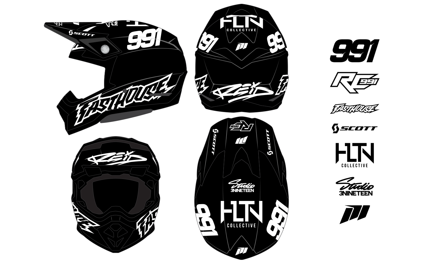 Custom motocross helmet branding project featuring athlete identity development, sponsor logo placement, helmet design renderings, and photography of the completed helmet showcasing the final painted graphics.