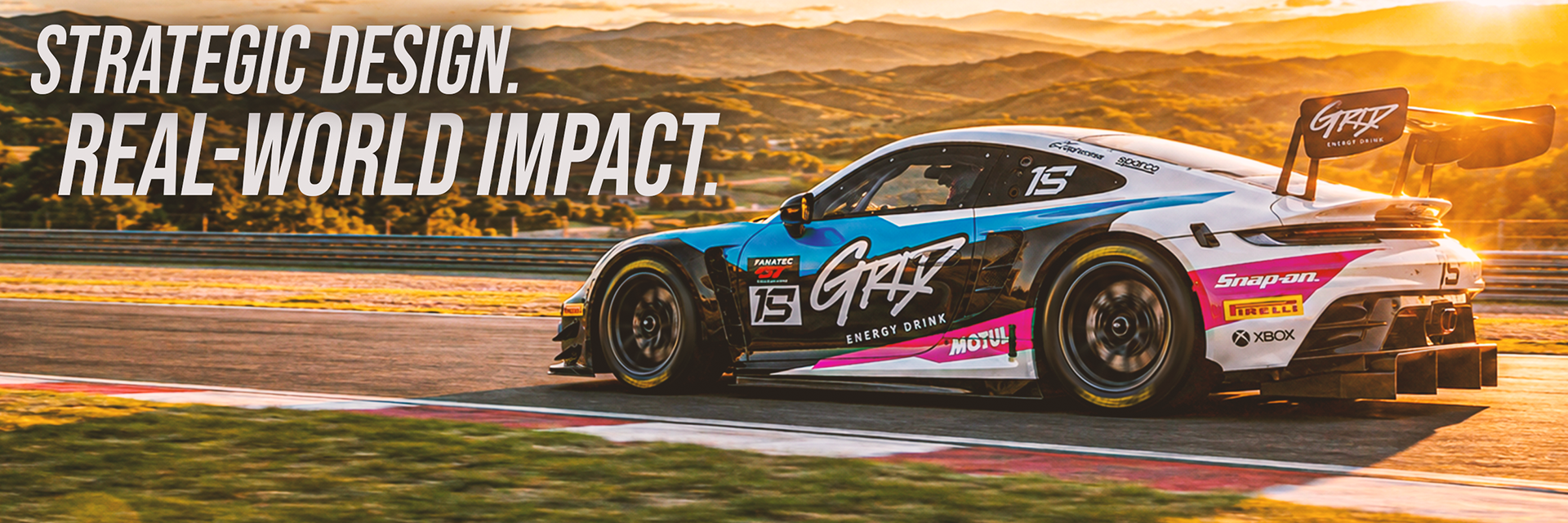 GRID Energy Drink GT race car livery design featuring blue, black, pink and white motorsports branding