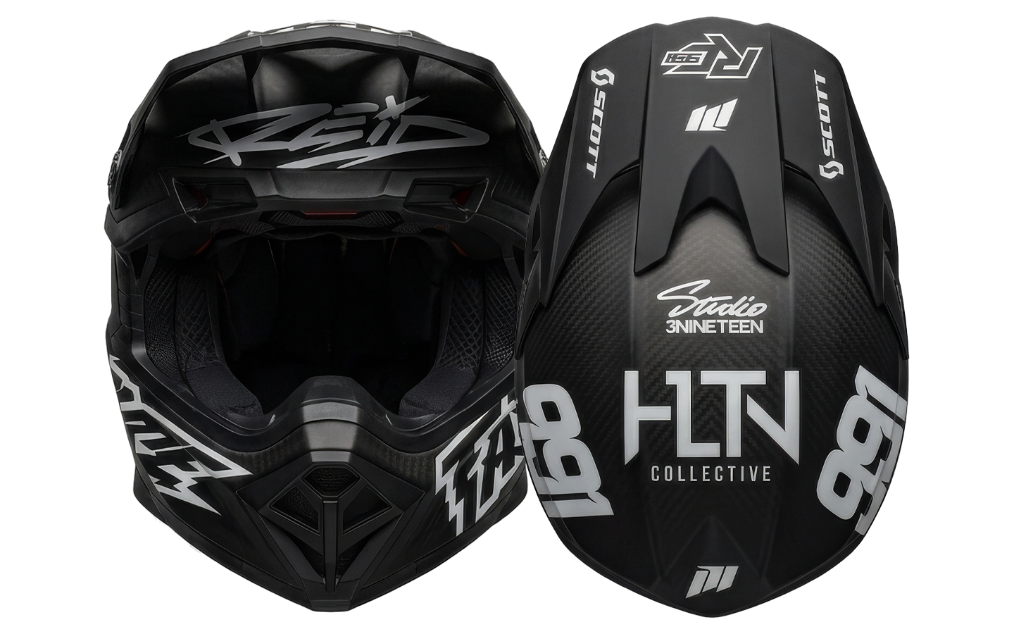Custom motocross helmet branding project featuring athlete identity development, sponsor logo placement, helmet design renderings, and photography of the completed helmet showcasing the final painted graphics.
