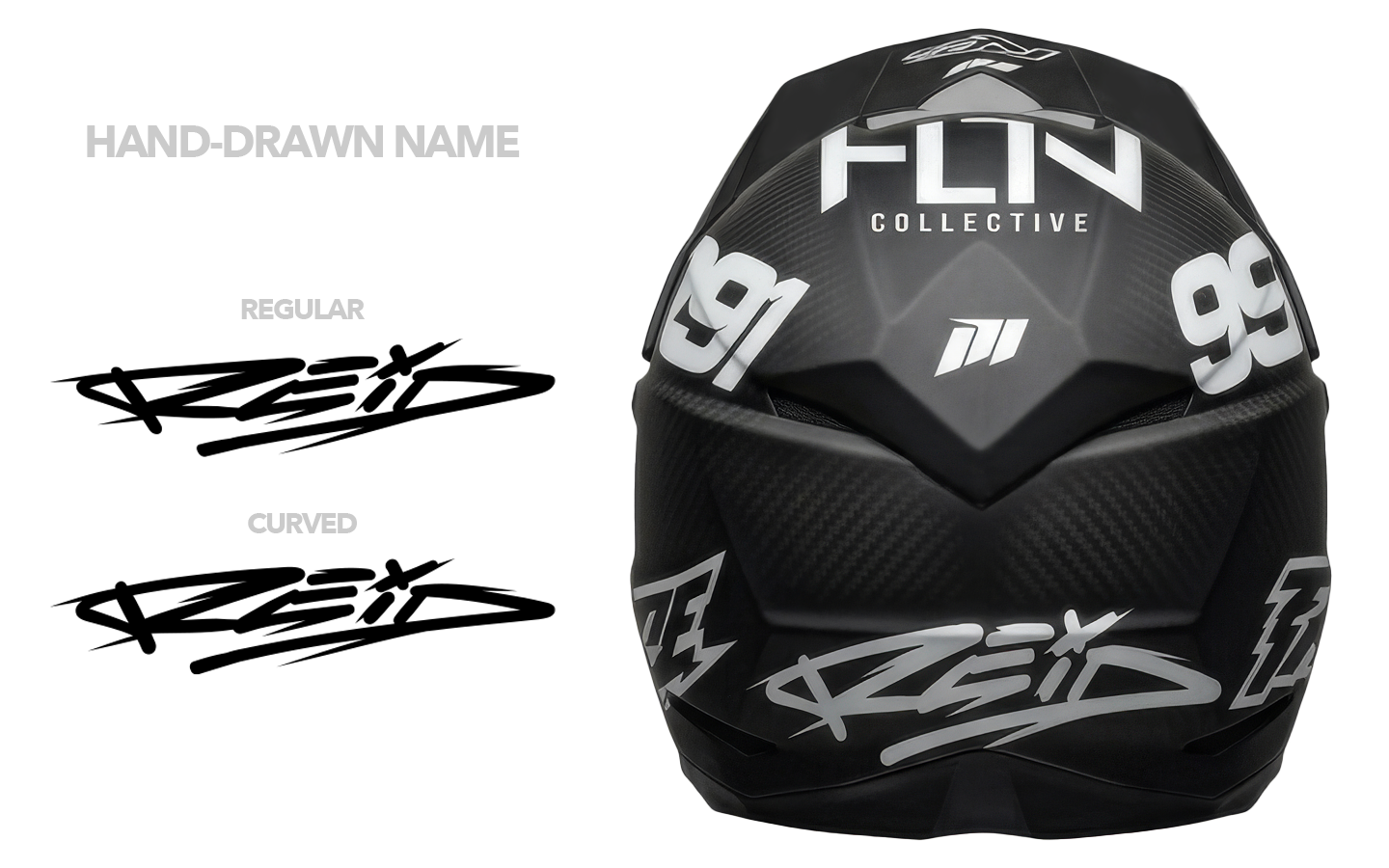 Custom motocross helmet branding project featuring athlete identity development, sponsor logo placement, helmet design renderings, and photography of the completed helmet showcasing the final painted graphics.