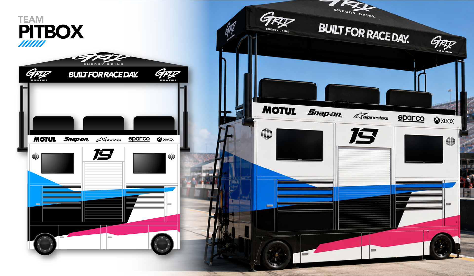 GRID Energy Drink race team pit box design featuring coordinated branding, sponsor logos and trackside equipment
