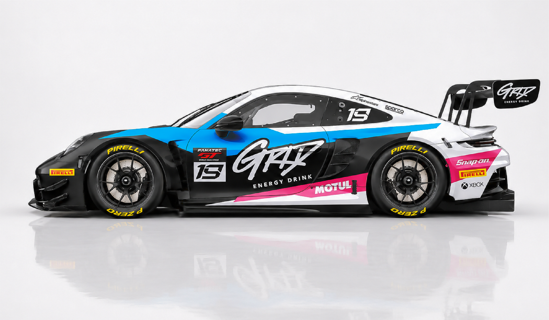 GRID Energy Drink GT race car livery design featuring blue, black, pink and white motorsports branding