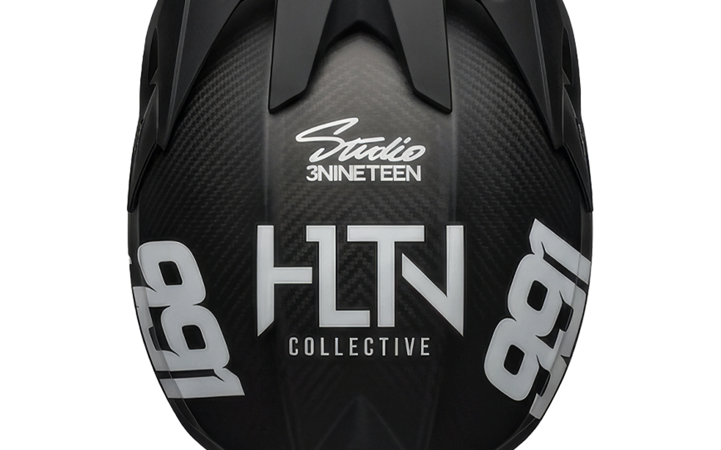Custom motocross helmet branding project featuring athlete identity development, sponsor logo placement, helmet design renderings, and photography of the completed helmet showcasing the final painted graphics.