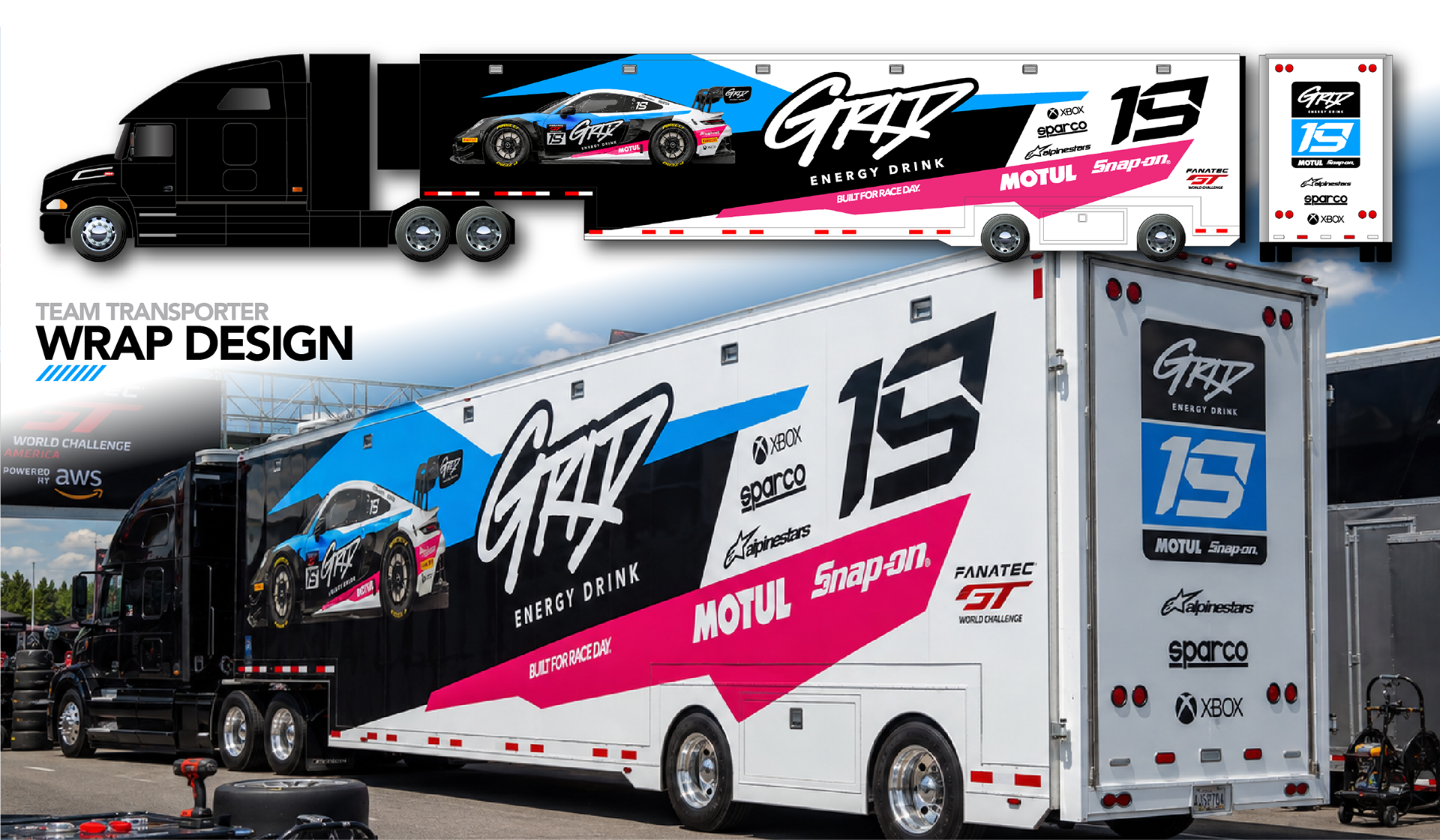 GRID Energy Drink race team transporter wrap design with coordinated motorsports branding and sponsor graphics