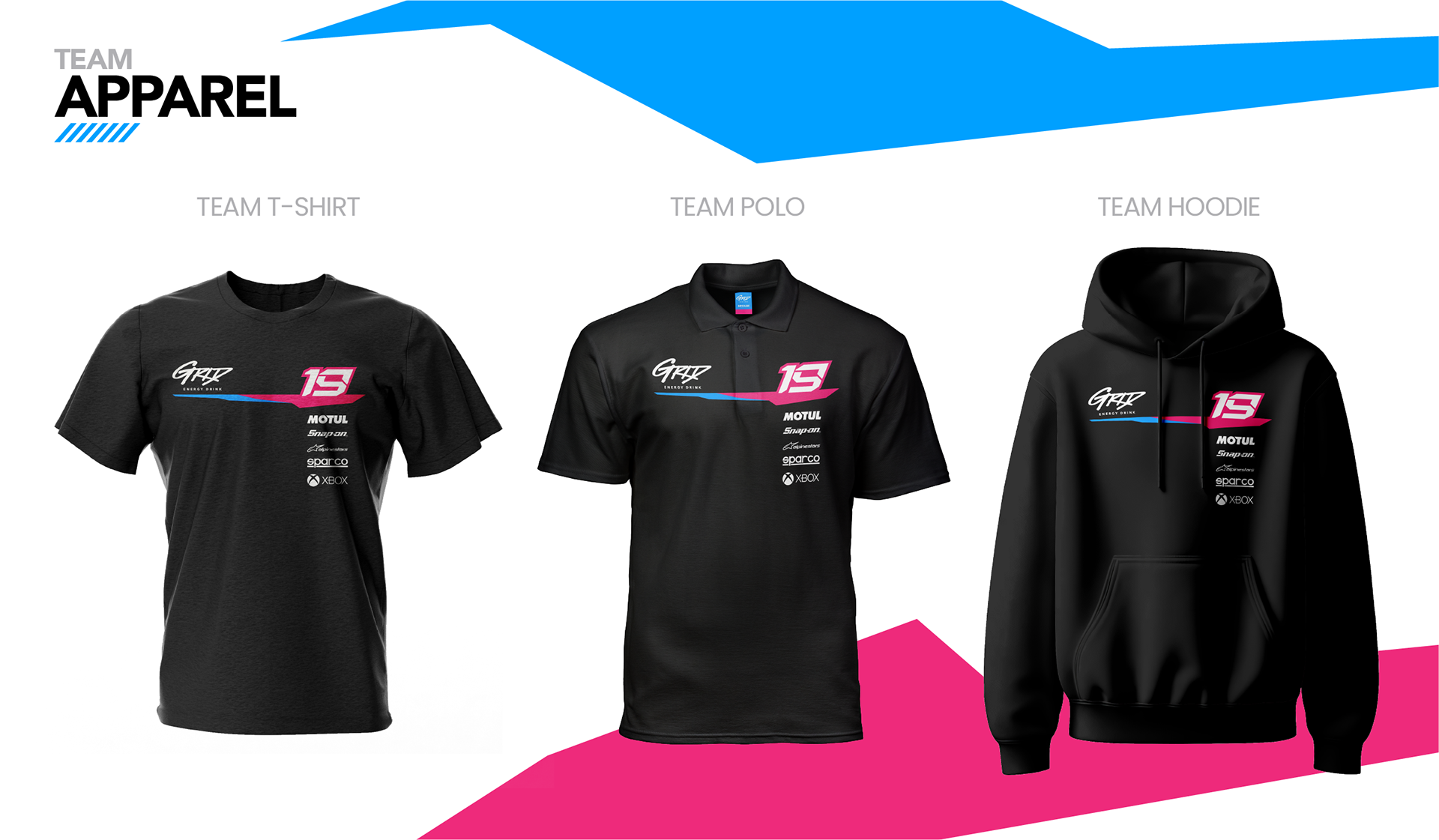 GRID Energy Drink race team apparel design including branded T-shirt, polo shirt and hoodie