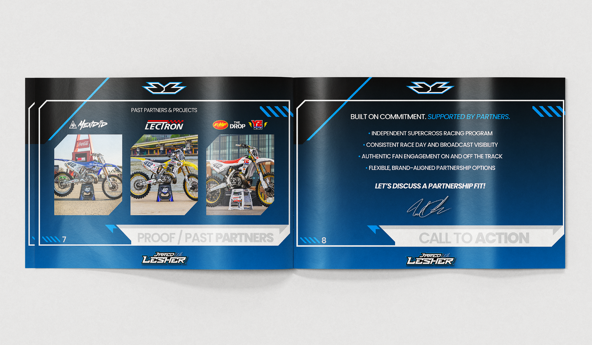 Supercross sponsorship proposal pages featuring Jared Lesher past brand partnerships and partnership call-to-action presentation design.