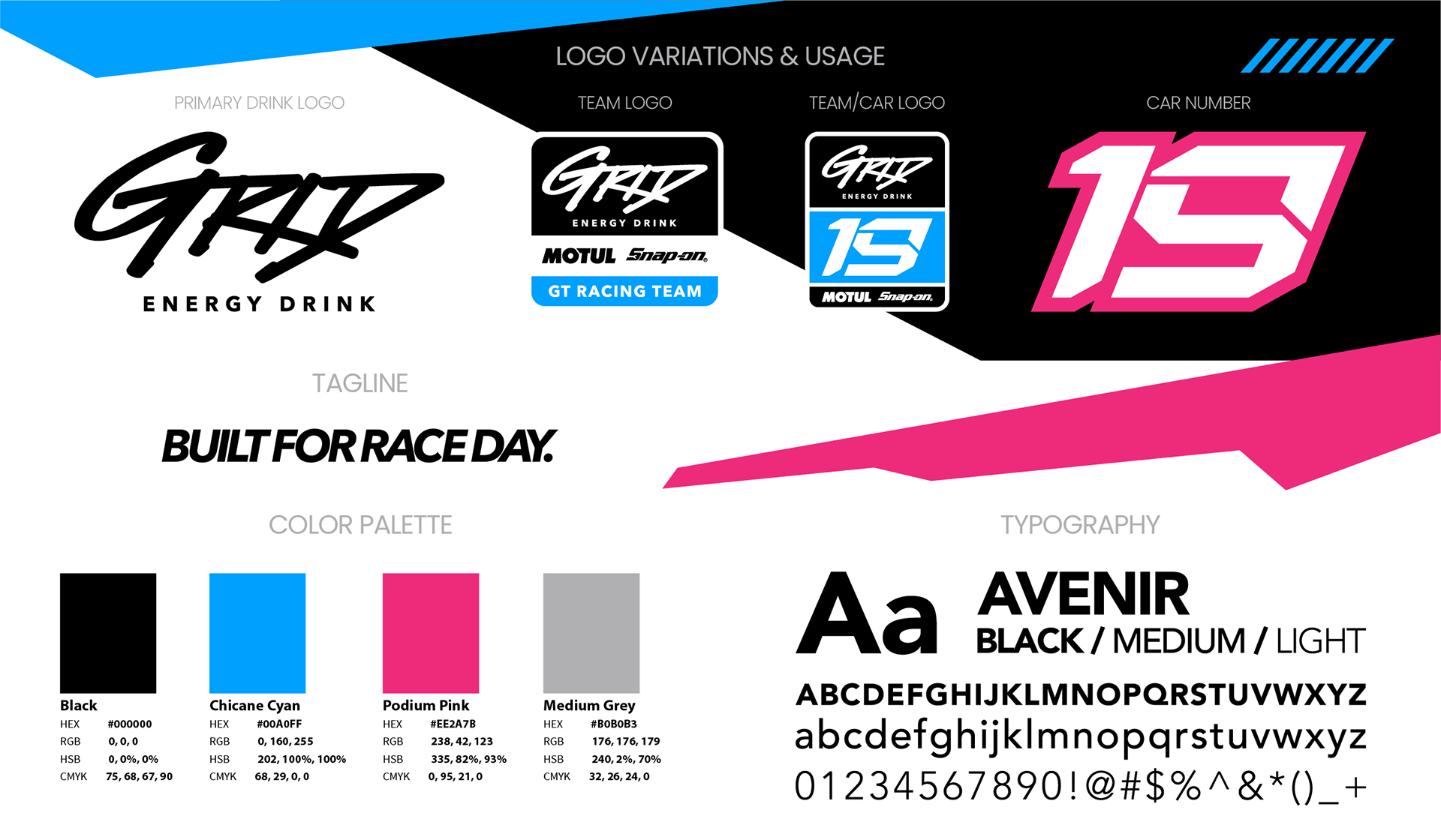 GRID Energy Drink brand identity guidelines showing logo variations, racing number, colors and typography