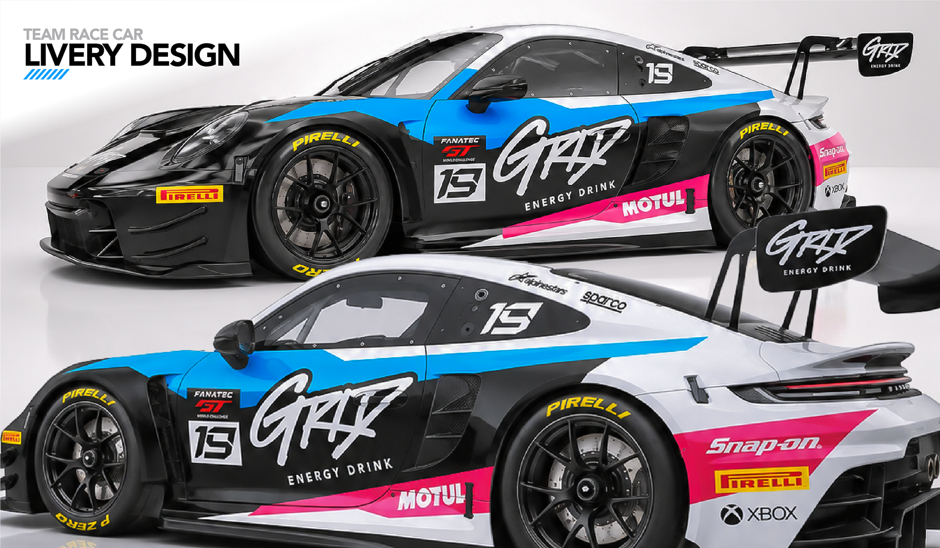 GRID Energy Drink GT race car livery design shown from front and rear three-quarter views