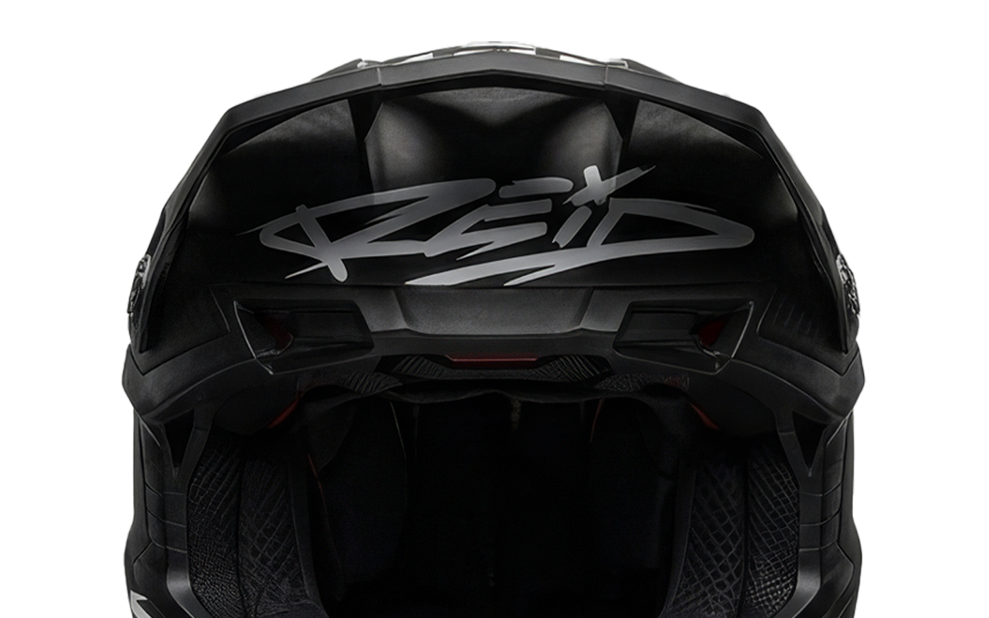 Custom motocross helmet branding project featuring athlete identity development, sponsor logo placement, helmet design renderings, and photography of the completed helmet showcasing the final painted graphics.