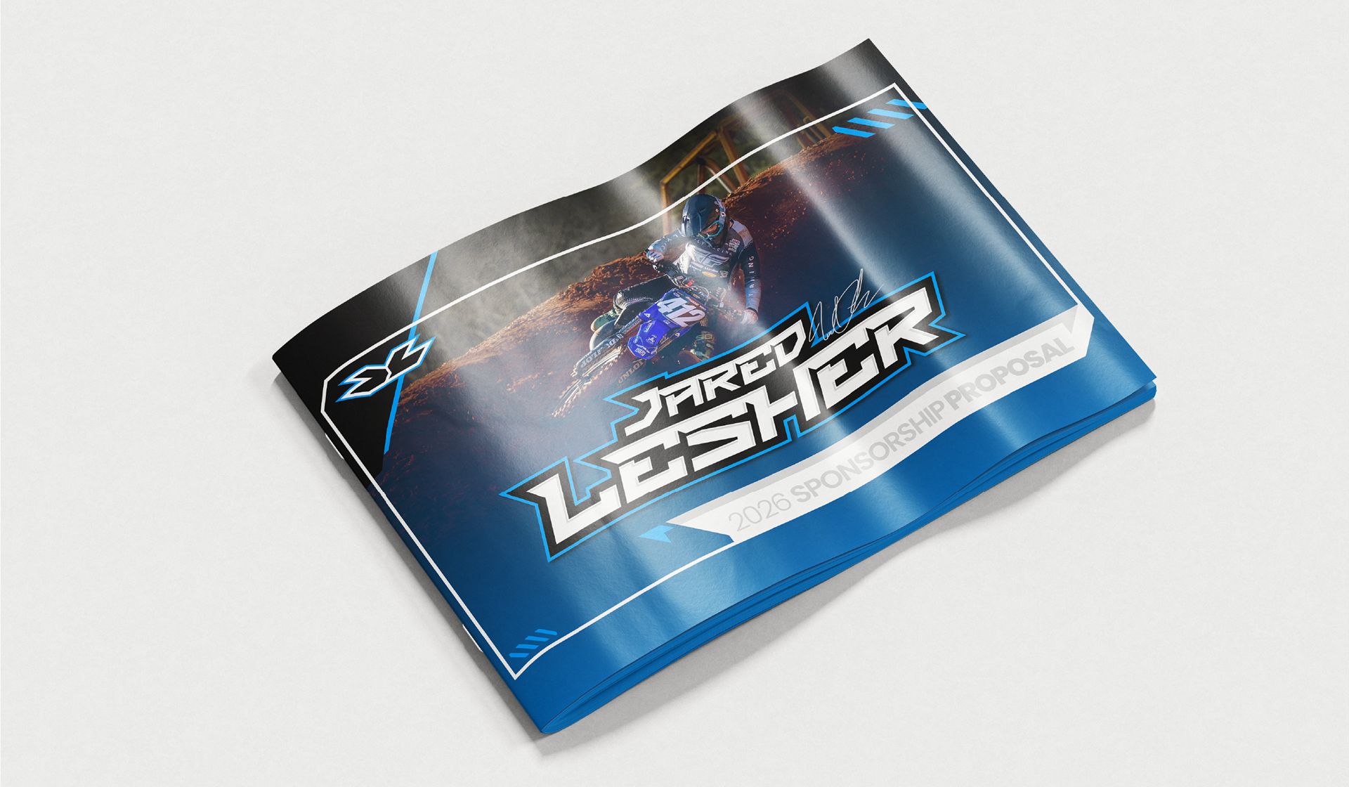 Jared Lesher 2026 Supercross sponsorship proposal cover featuring racing photography, custom branding, and blue-and-black presentation design.
